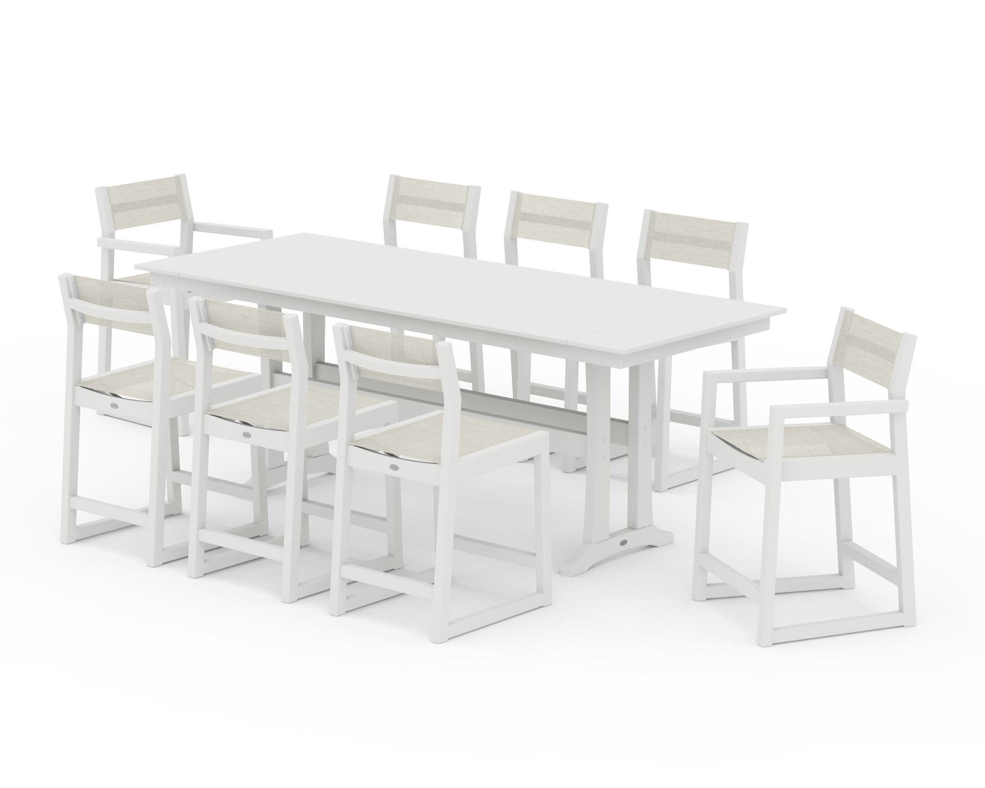 POLYWOOD EDGE Sling 9-Piece Farmhouse Counter Set with Trestle Legs — Vintage White / Parchment Sling