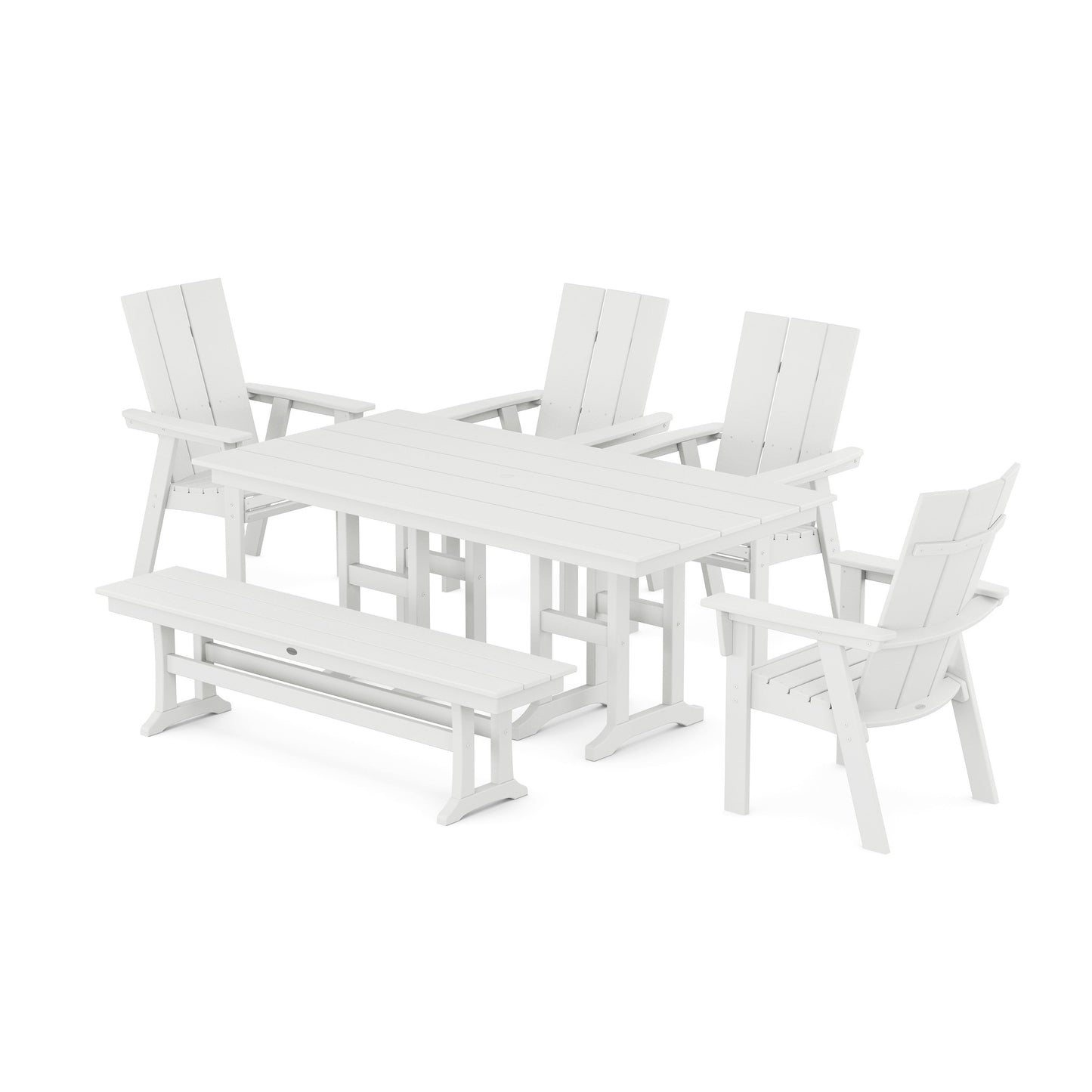 POLYWOOD Modern Curveback Adirondack 6-Piece Farmhouse Dining Set with Bench — White