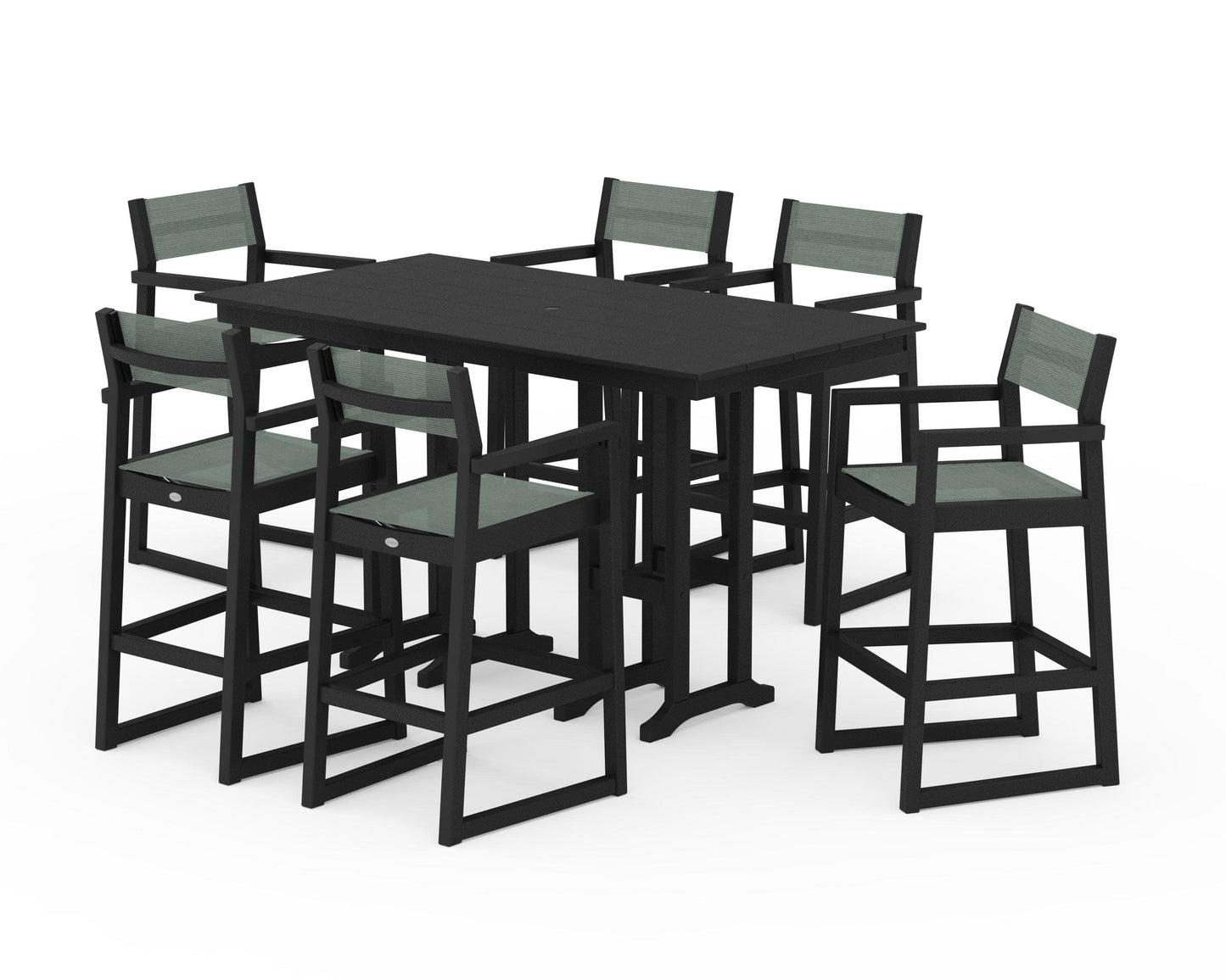 POLYWOOD EDGE Sling Arm Chair 7-Piece Farmhouse Bar Set — Black / Dupioni Sea Mist Sling