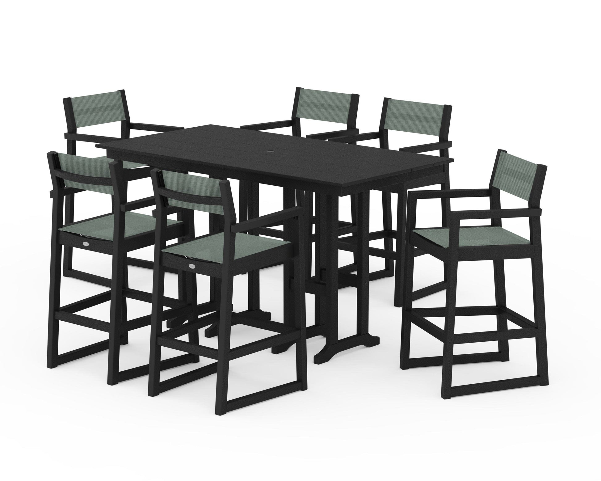 POLYWOOD EDGE Sling Arm Chair 7-Piece Farmhouse Bar Set — Black / Dupioni Sea Mist Sling