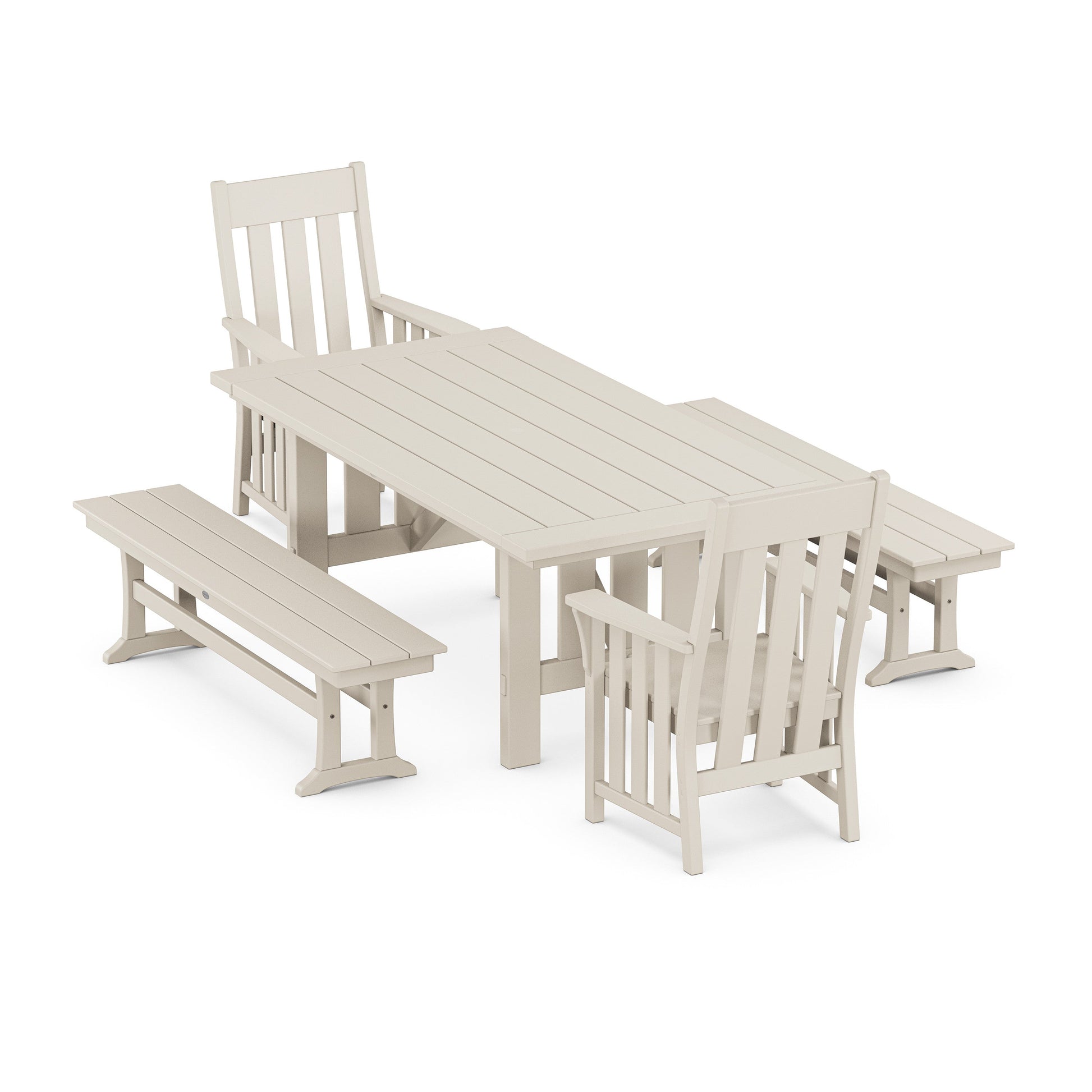 POLYWOOD Acadia 5-Piece Dining Set with Benches — Sand