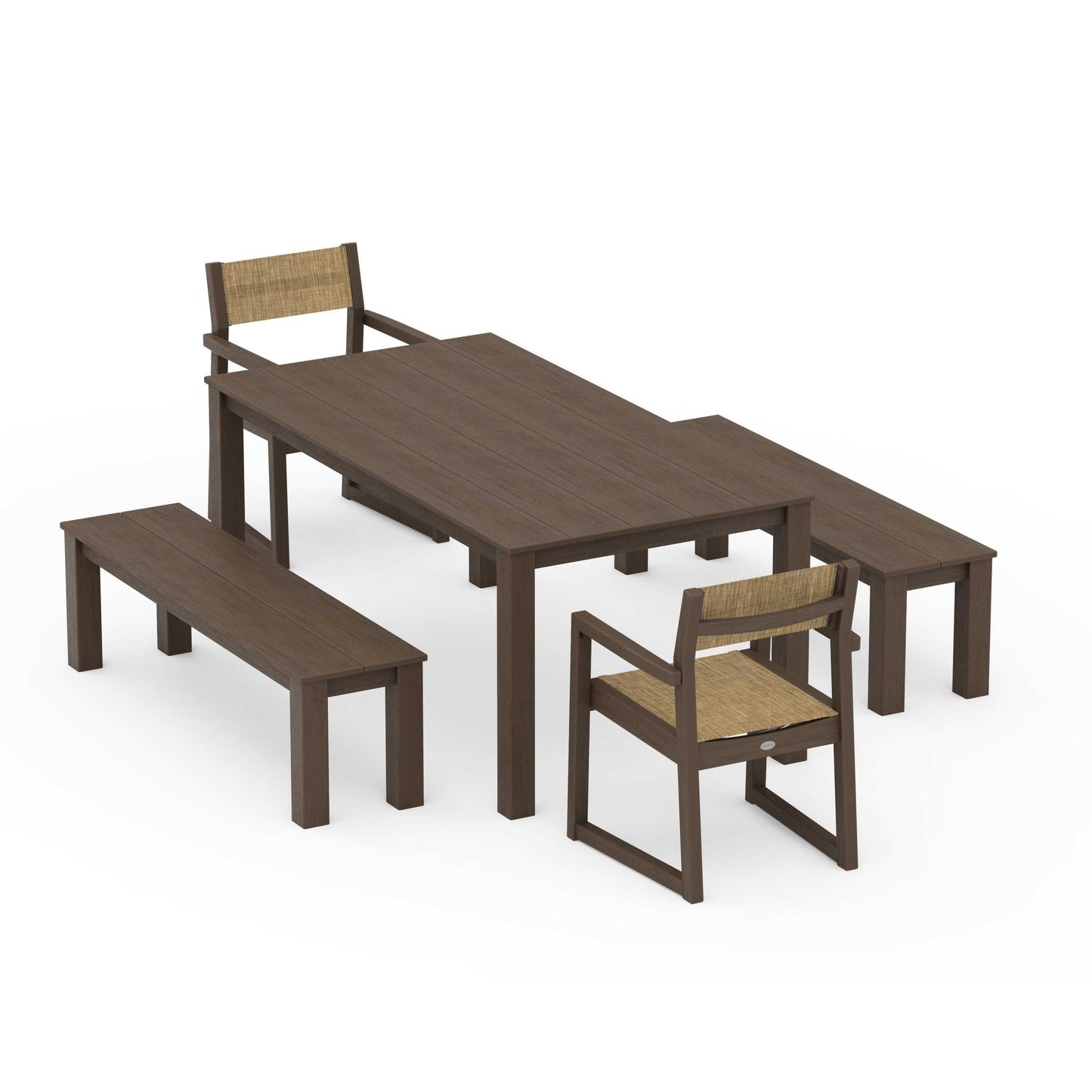 POLYWOOD EDGE Sling Arm Chair 5-Piece Parsons Dining Set with Benches — Kona / Burlap Sling