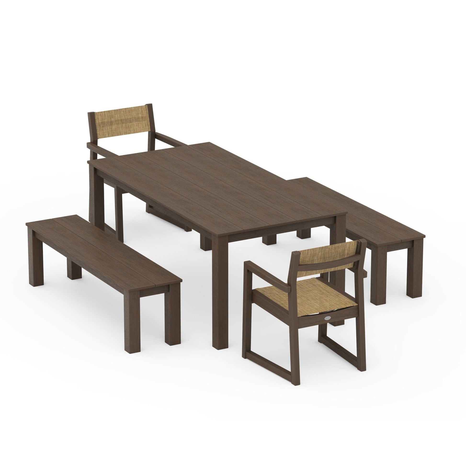 POLYWOOD EDGE Sling Arm Chair 5-Piece Parsons Dining Set with Benches — Kona / Burlap Sling