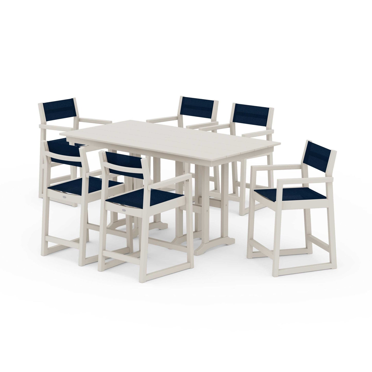 POLYWOOD EDGE Sling Arm Chair 7-Piece Farmhouse Counter Set — Sand / Navy Blue Sling