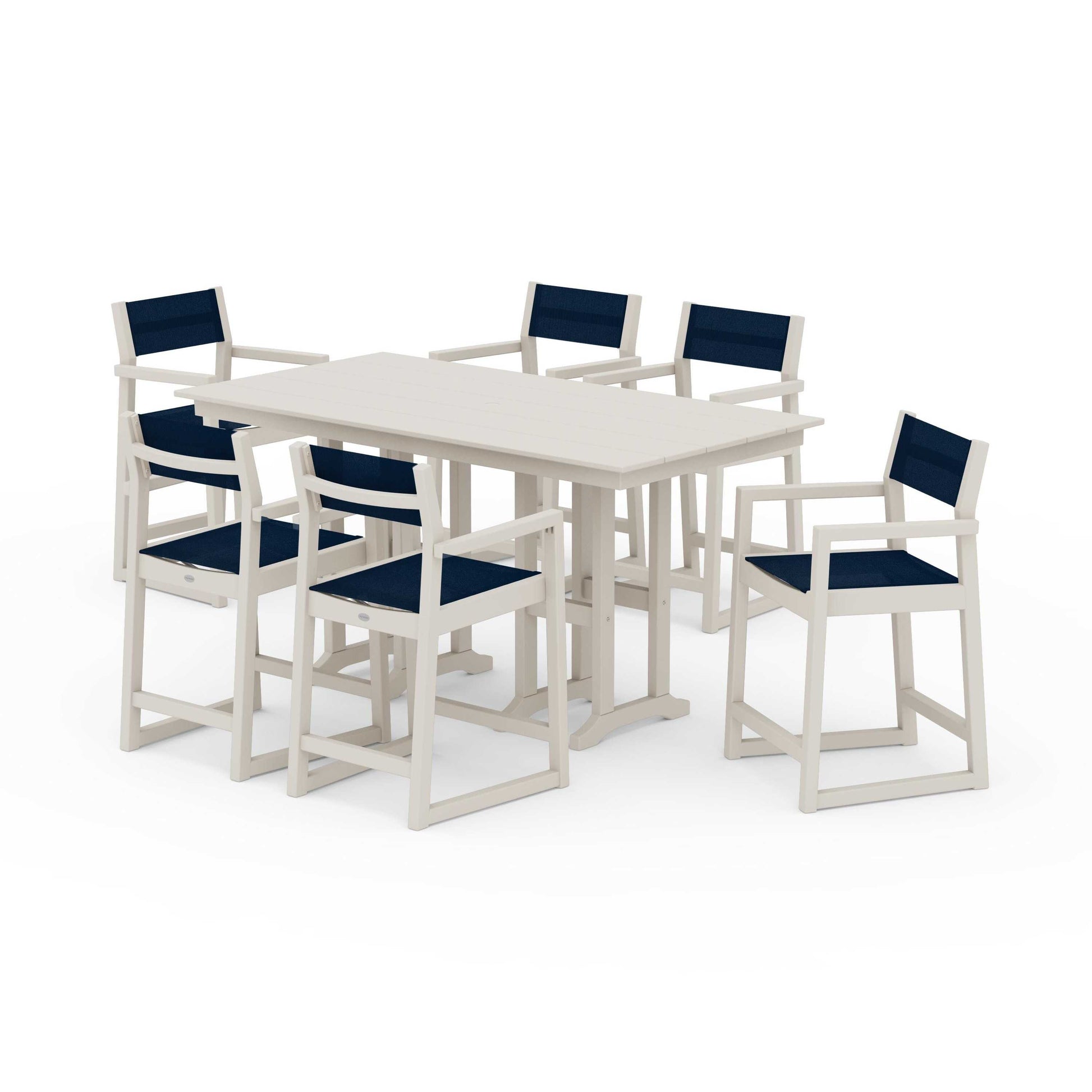 POLYWOOD EDGE Sling Arm Chair 7-Piece Farmhouse Counter Set — Sand / Navy Blue Sling