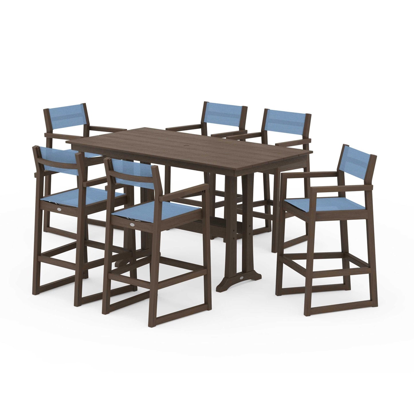 POLYWOOD EDGE Sling Arm Chair 7-Piece Farmhouse Bar Set with Trestle Legs — Kona / Poolside Sling