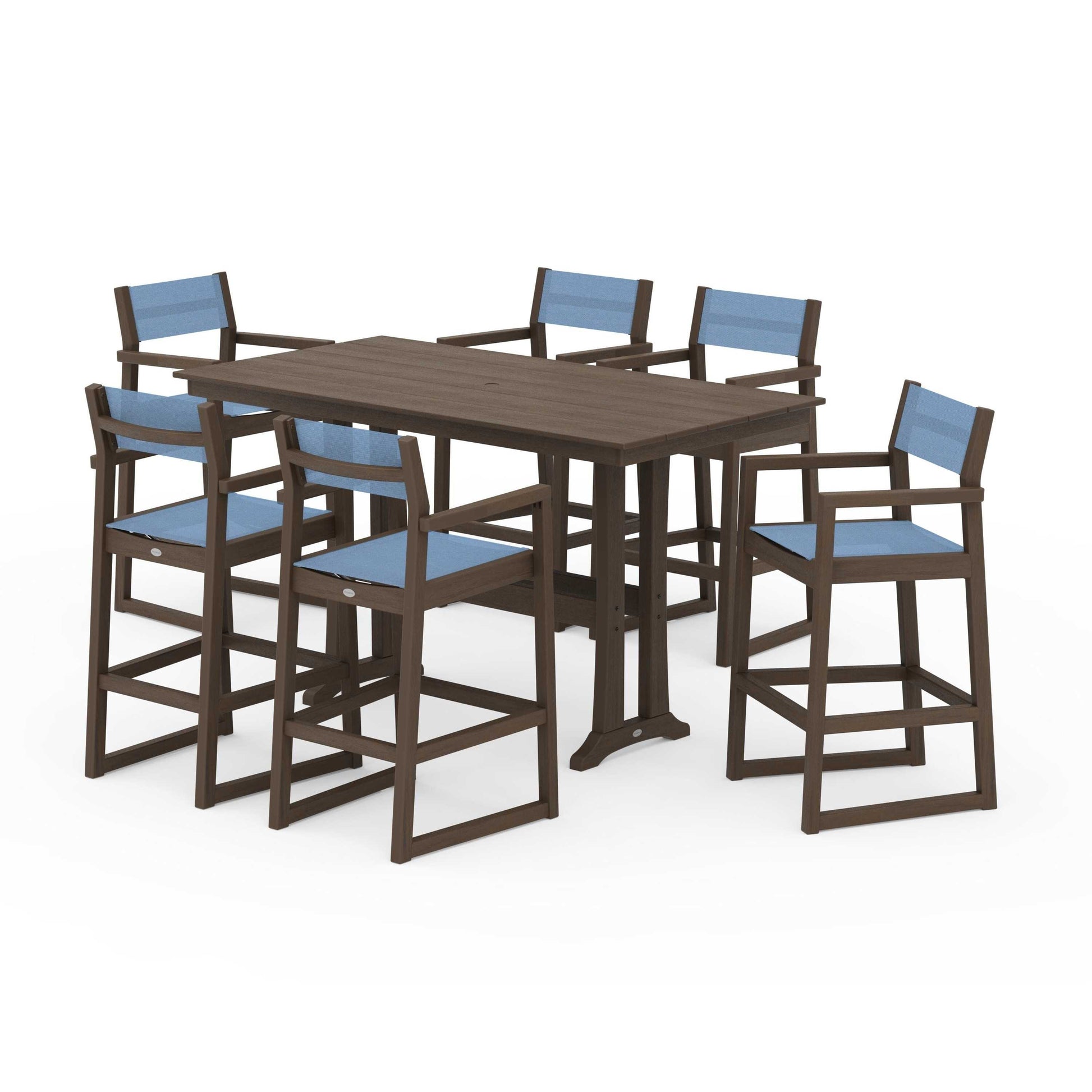 POLYWOOD EDGE Sling Arm Chair 7-Piece Farmhouse Bar Set with Trestle Legs — Kona / Poolside Sling