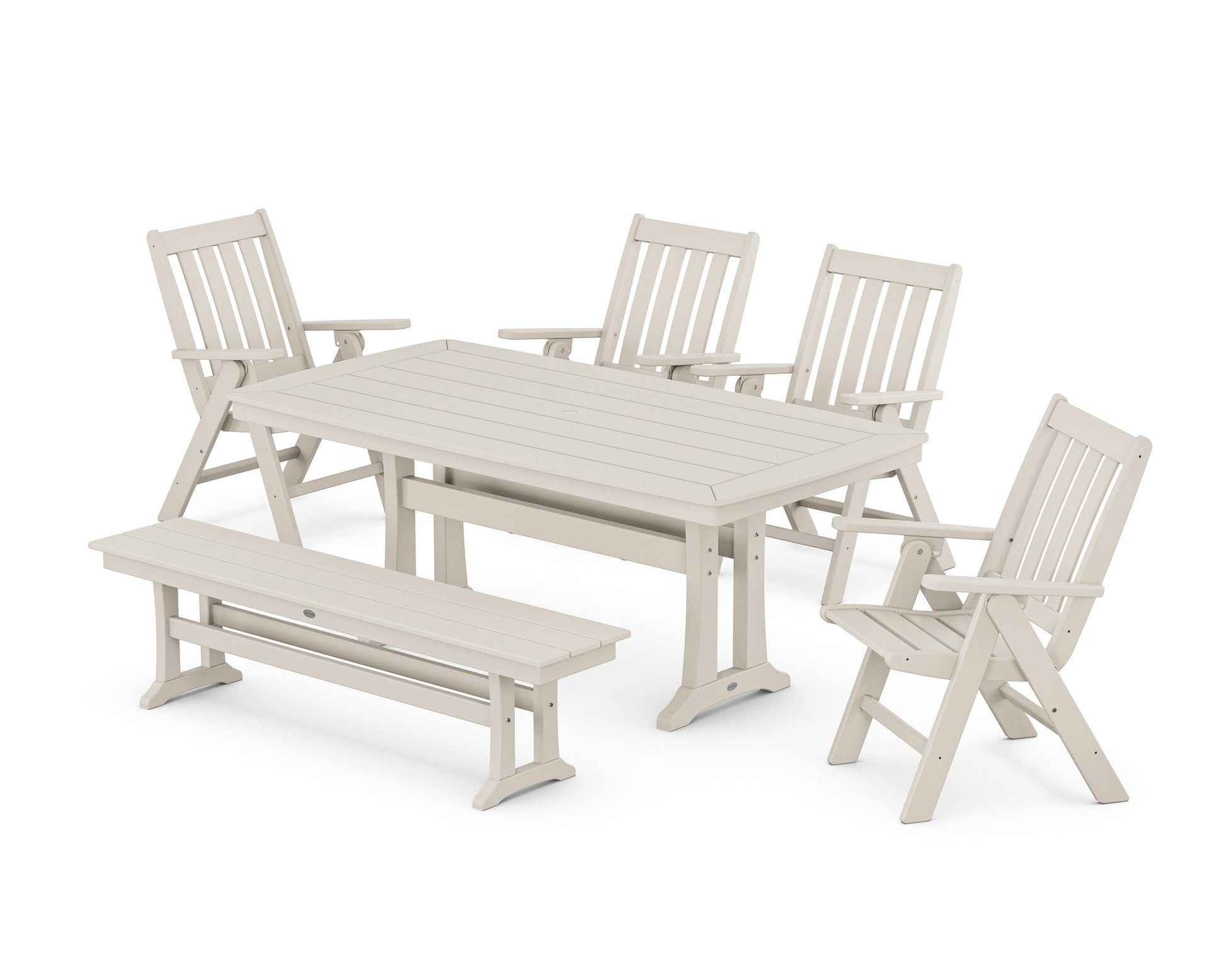 POLYWOOD Vineyard Folding Chair 6-Piece Dining Set with Trestle Legs and Bench — Sand