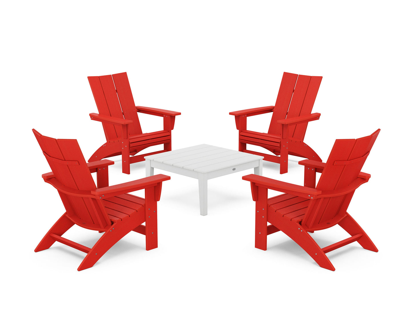POLYWOOD 5-Piece Modern Grand Adirondack Chair Conversation Group — Sunset Red / White