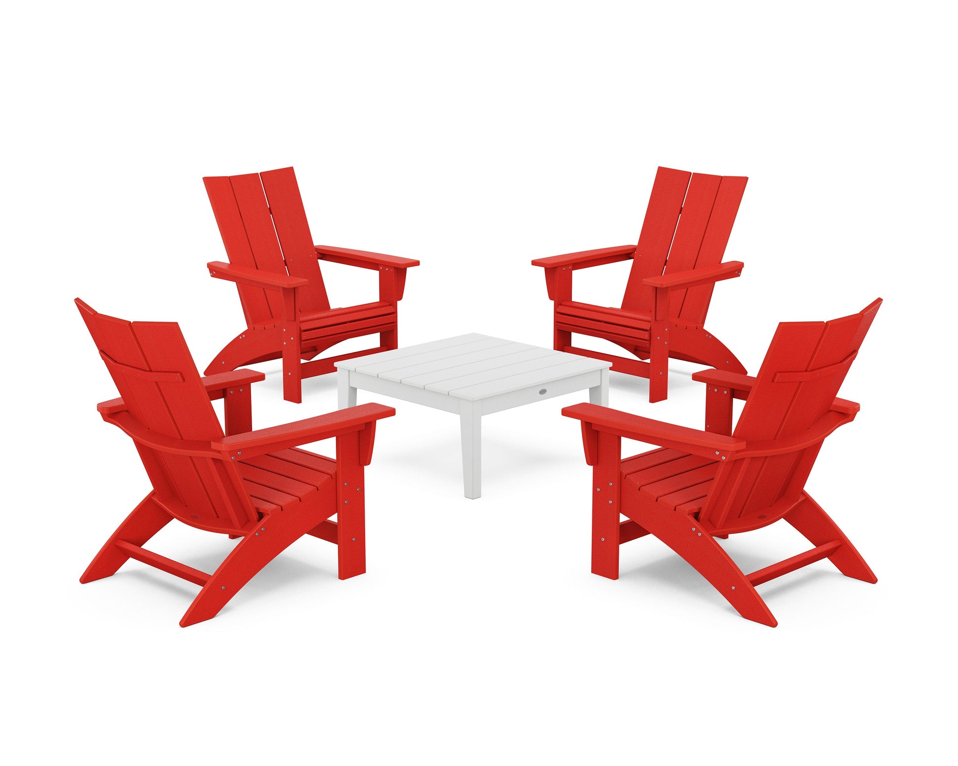 POLYWOOD 5-Piece Modern Grand Adirondack Chair Conversation Group — Sunset Red / White