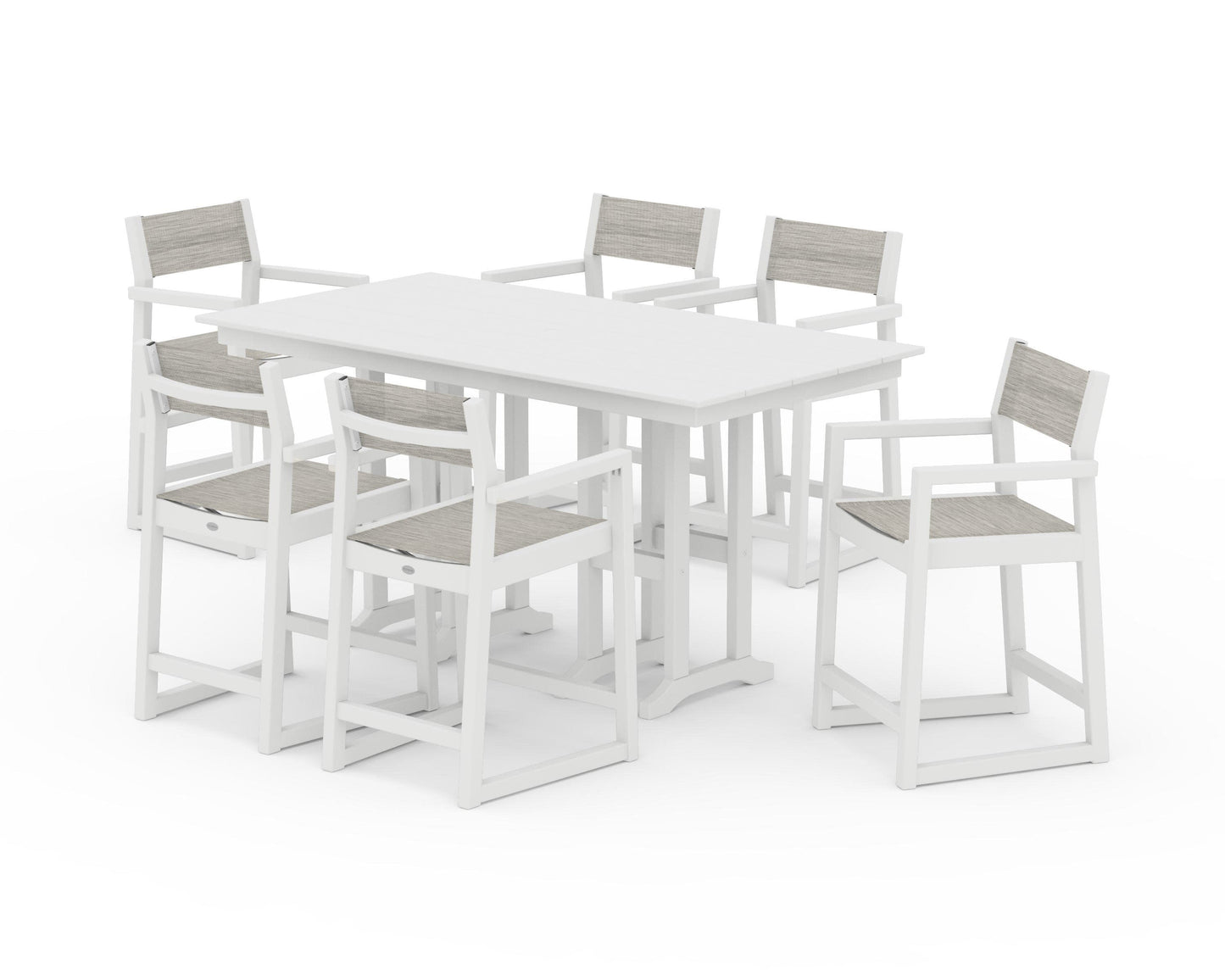 POLYWOOD EDGE Sling Arm Chair 7-Piece Farmhouse Counter Set — White / Birch Sling