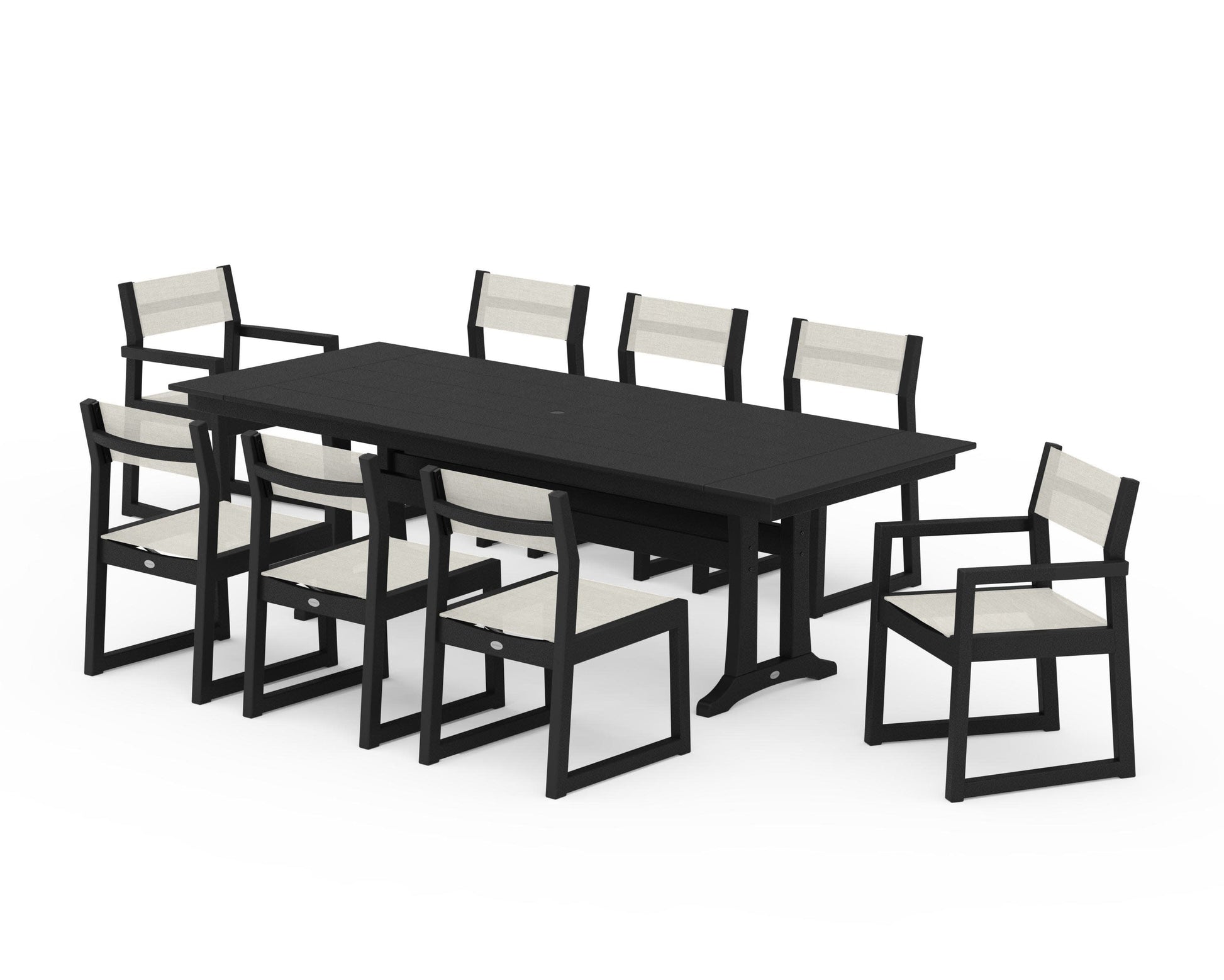 POLYWOOD EDGE Sling 9-Piece Farmhouse Trestle Dining Set — Black / Parchment Sling