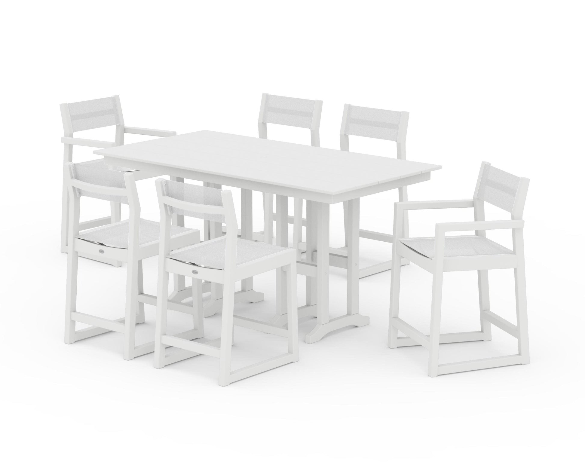 POLYWOOD EDGE Sling 7-Piece Farmhouse Counter Set with Trestle Legs — White / White Sling