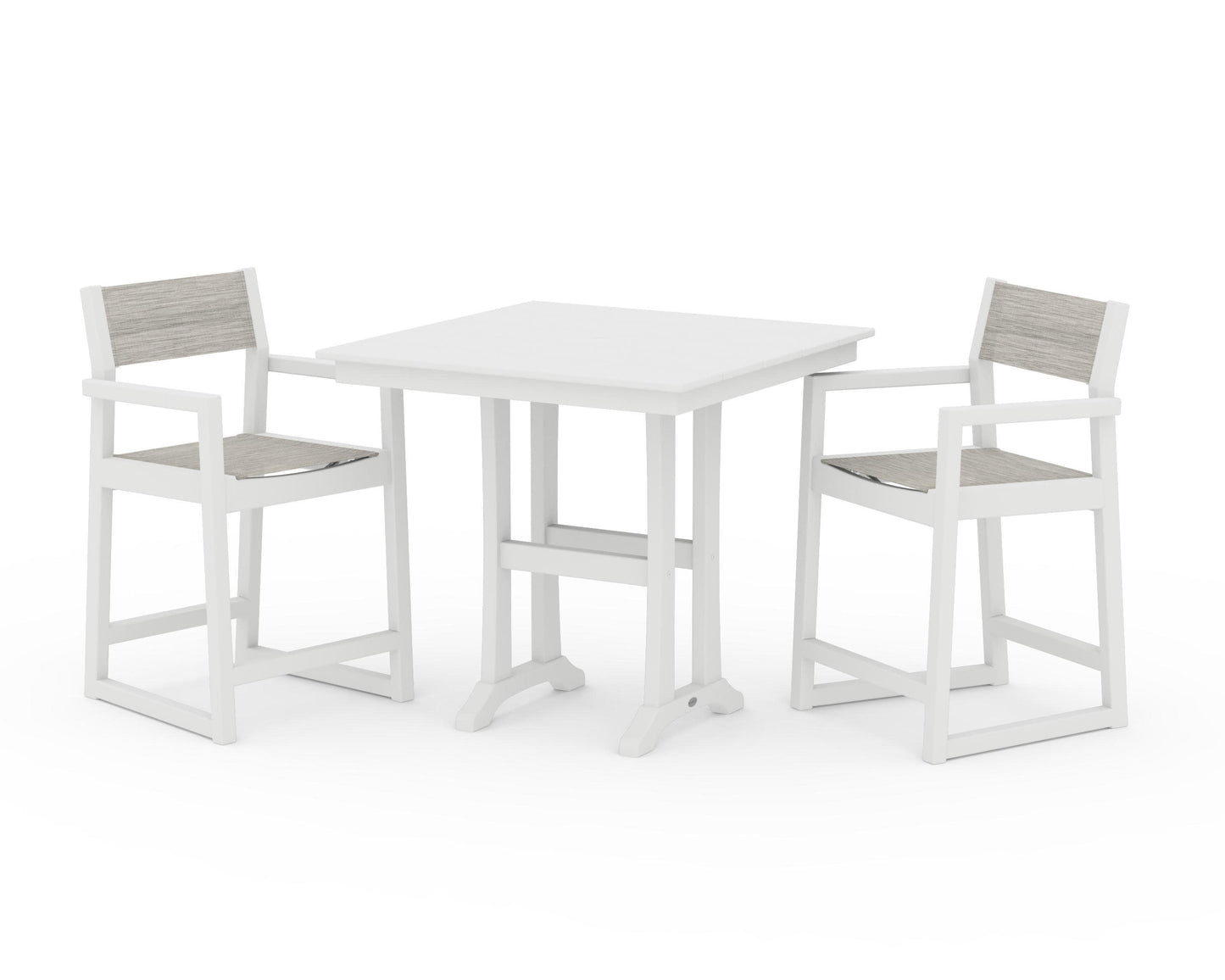 POLYWOOD EDGE Sling Arm Chair 3-Piece Farmhouse Counter Set with Trestle Legs — White / Birch Sling