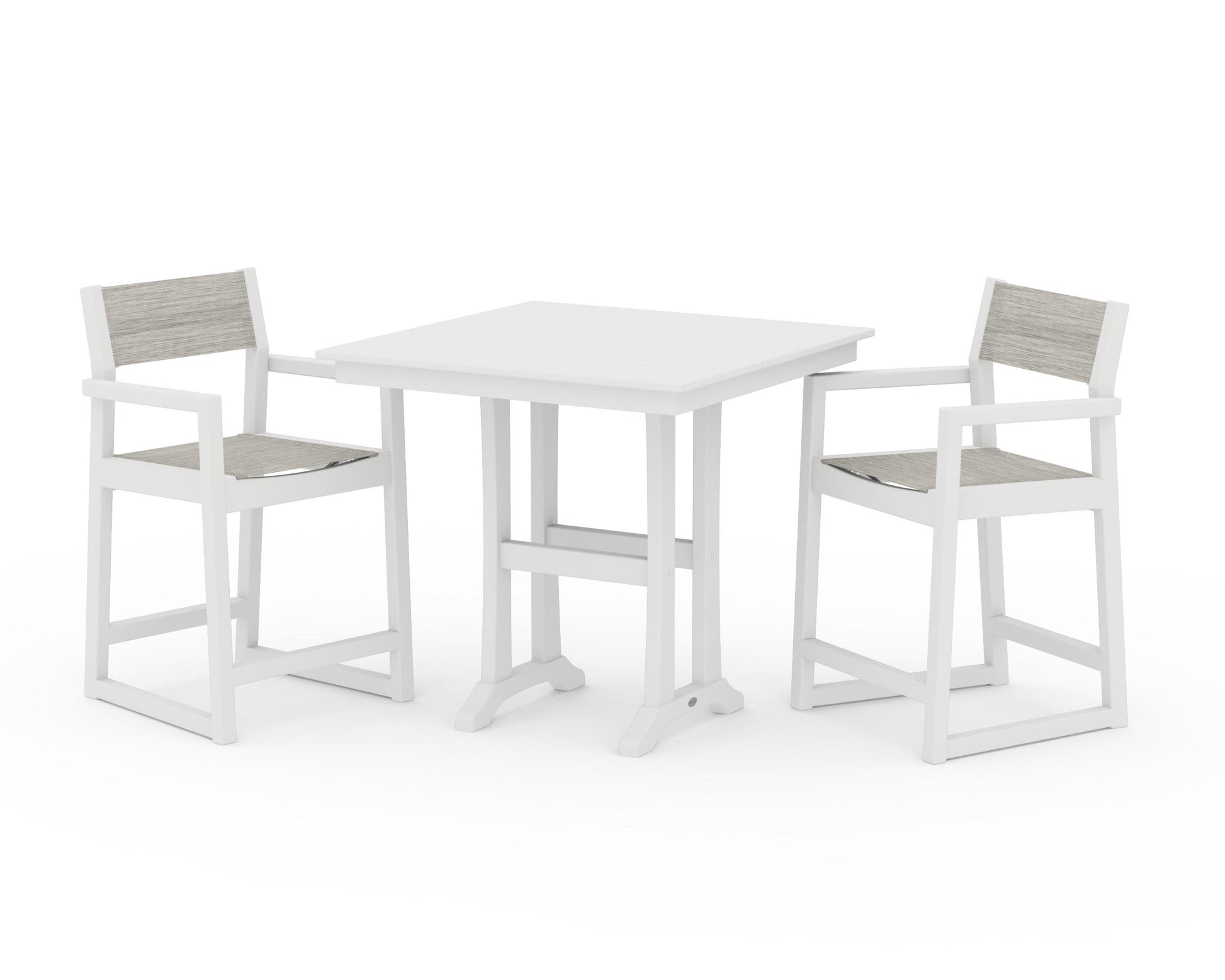 POLYWOOD EDGE Sling Arm Chair 3-Piece Farmhouse Counter Set with Trestle Legs — White / Birch Sling