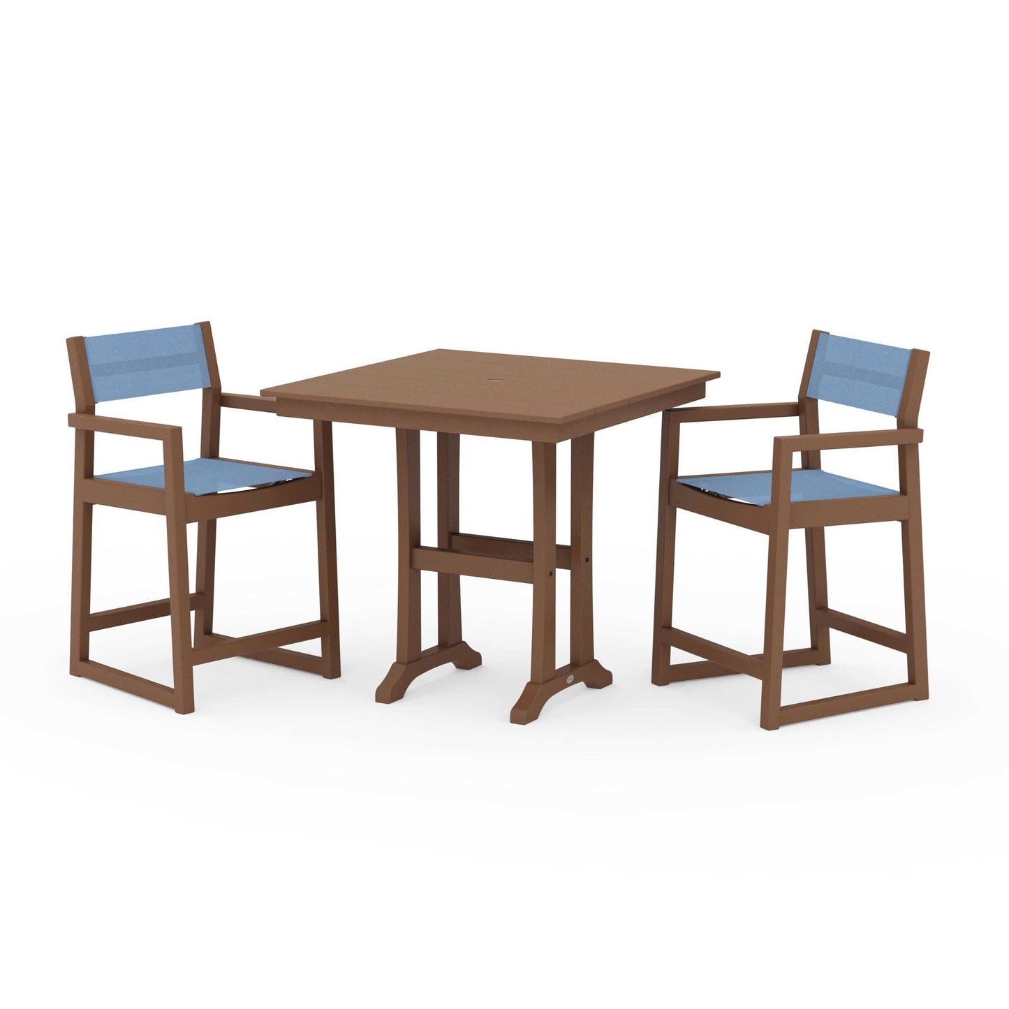 POLYWOOD EDGE Sling Arm Chair 3-Piece Farmhouse Counter Set with Trestle Legs — Teak / Poolside Sling