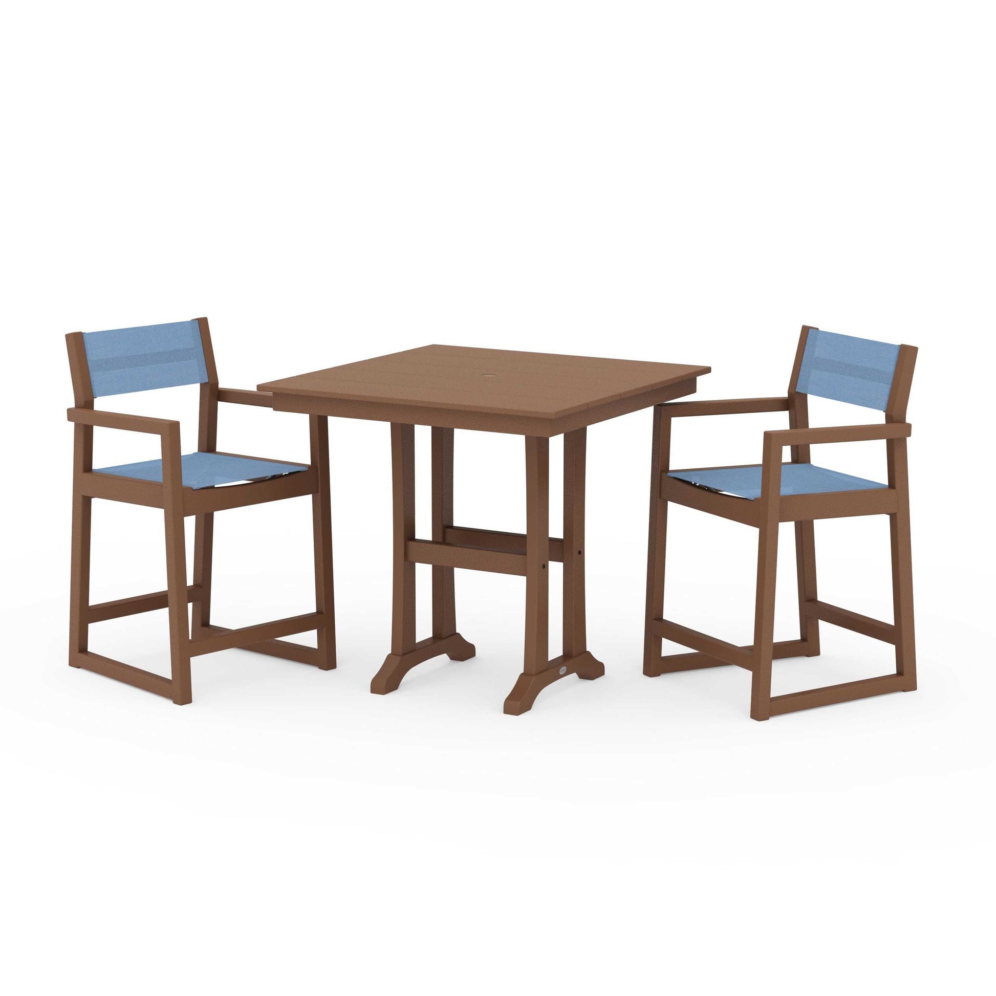 POLYWOOD EDGE Sling Arm Chair 3-Piece Farmhouse Counter Set with Trestle Legs — Teak / Poolside Sling