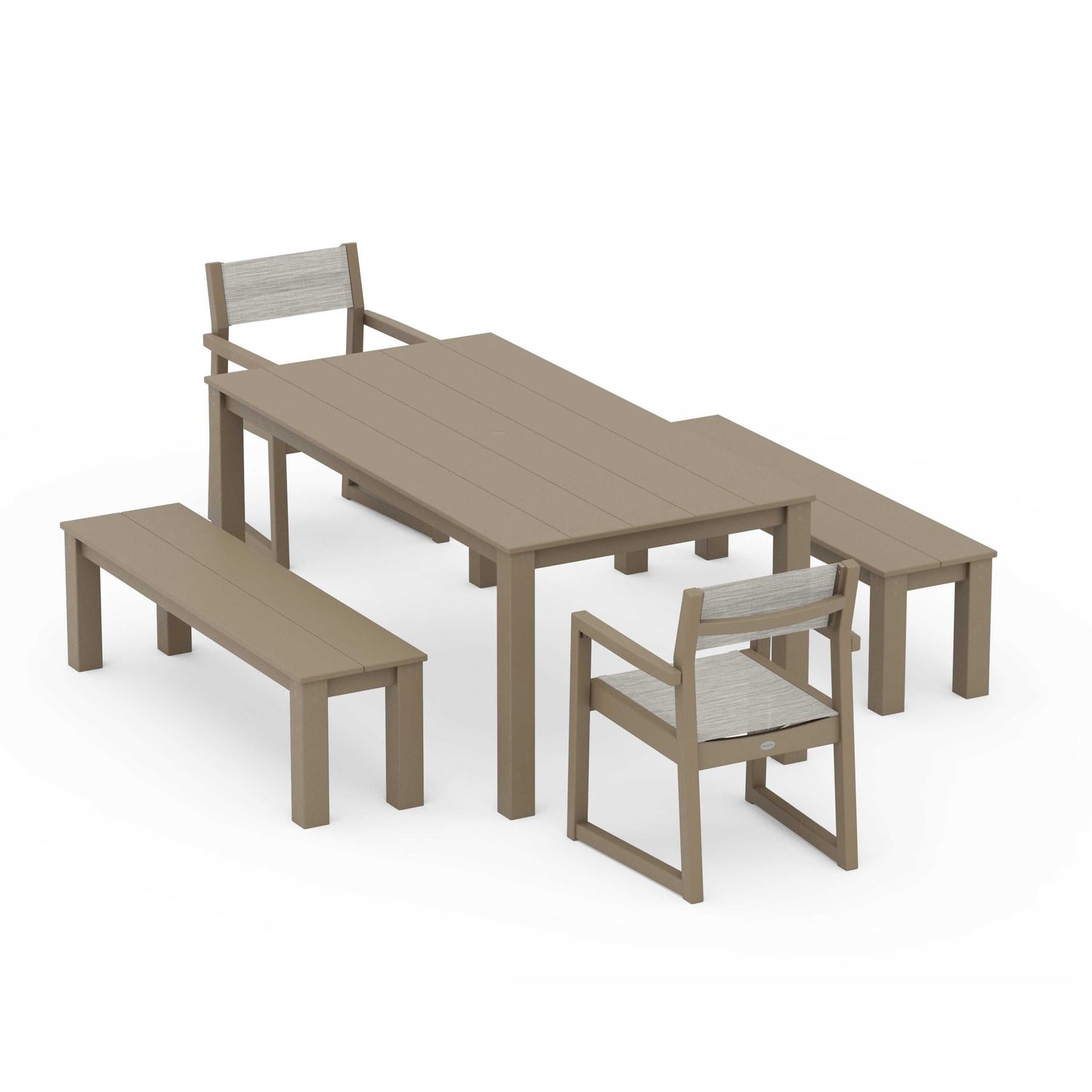 POLYWOOD EDGE Sling Arm Chair 5-Piece Parsons Dining Set with Benches — Vintage Sahara / Birch Sling