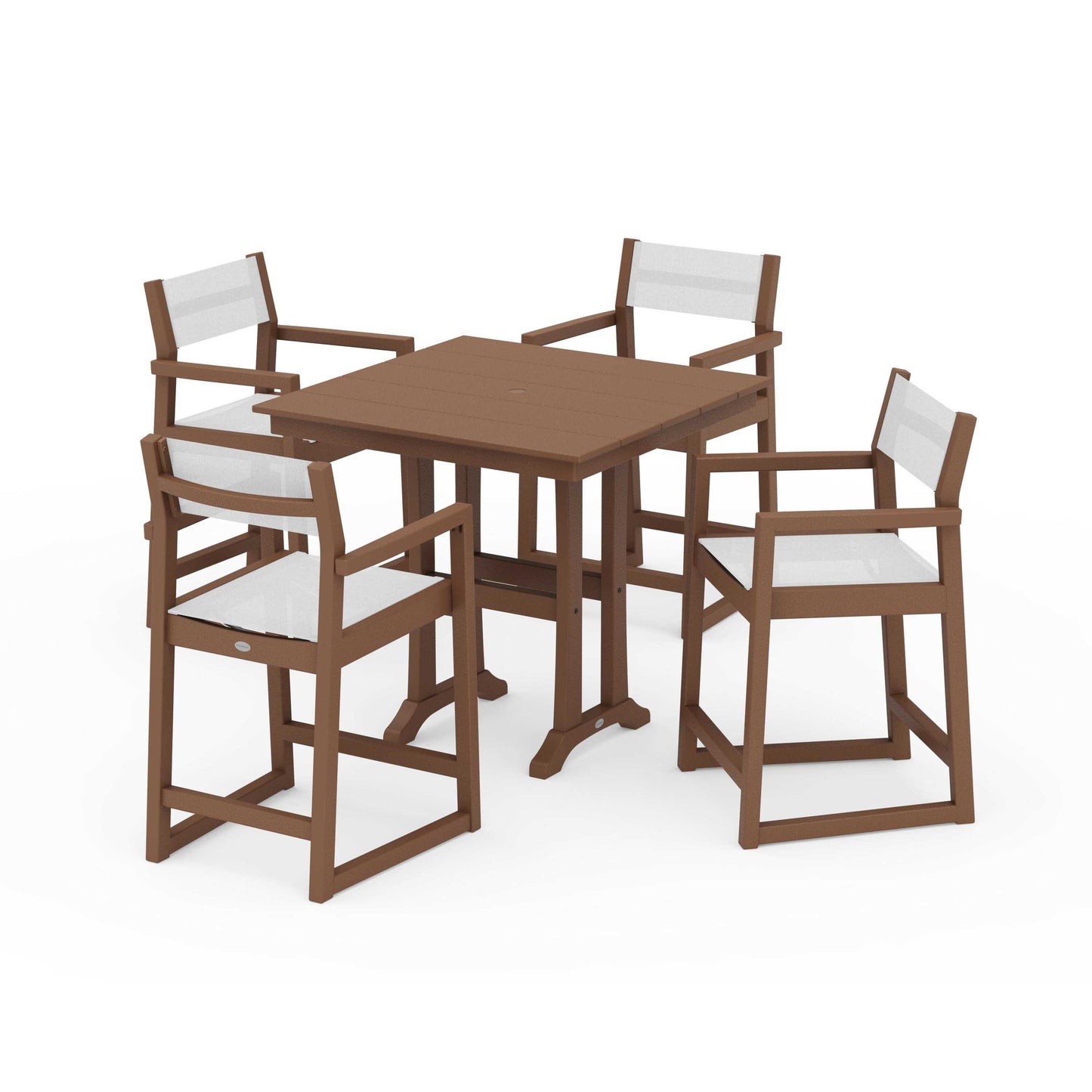 POLYWOOD EDGE Sling Arm Chair 5-Piece Farmhouse Counter Set with Trestle Legs — Teak / White Sling