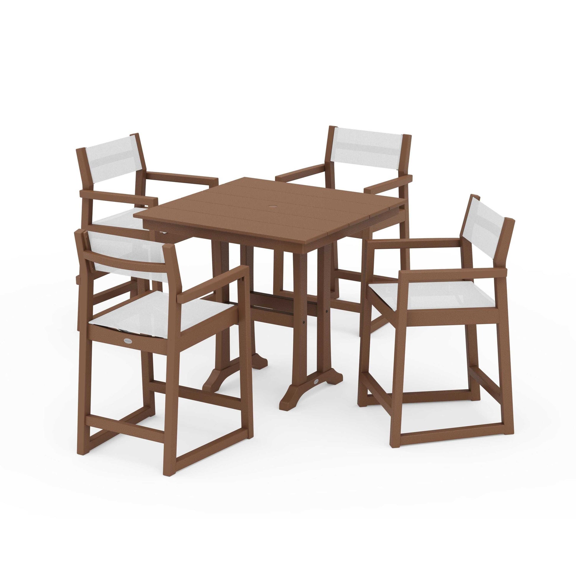 POLYWOOD EDGE Sling Arm Chair 5-Piece Farmhouse Counter Set with Trestle Legs — Teak / White Sling