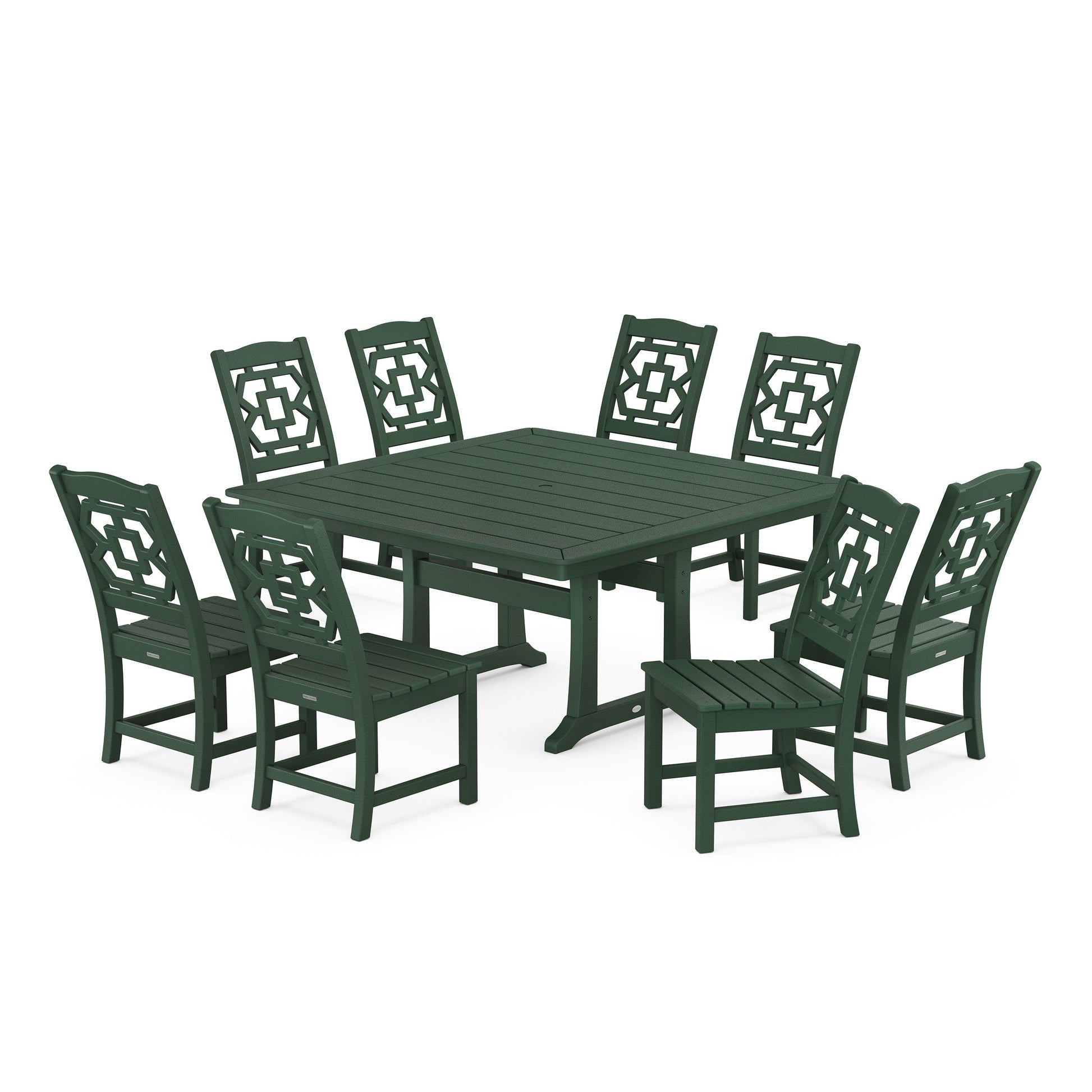 POLYWOOD Chinoiserie 9-Piece Square Side Chair Dining Set with Trestle Legs — Green