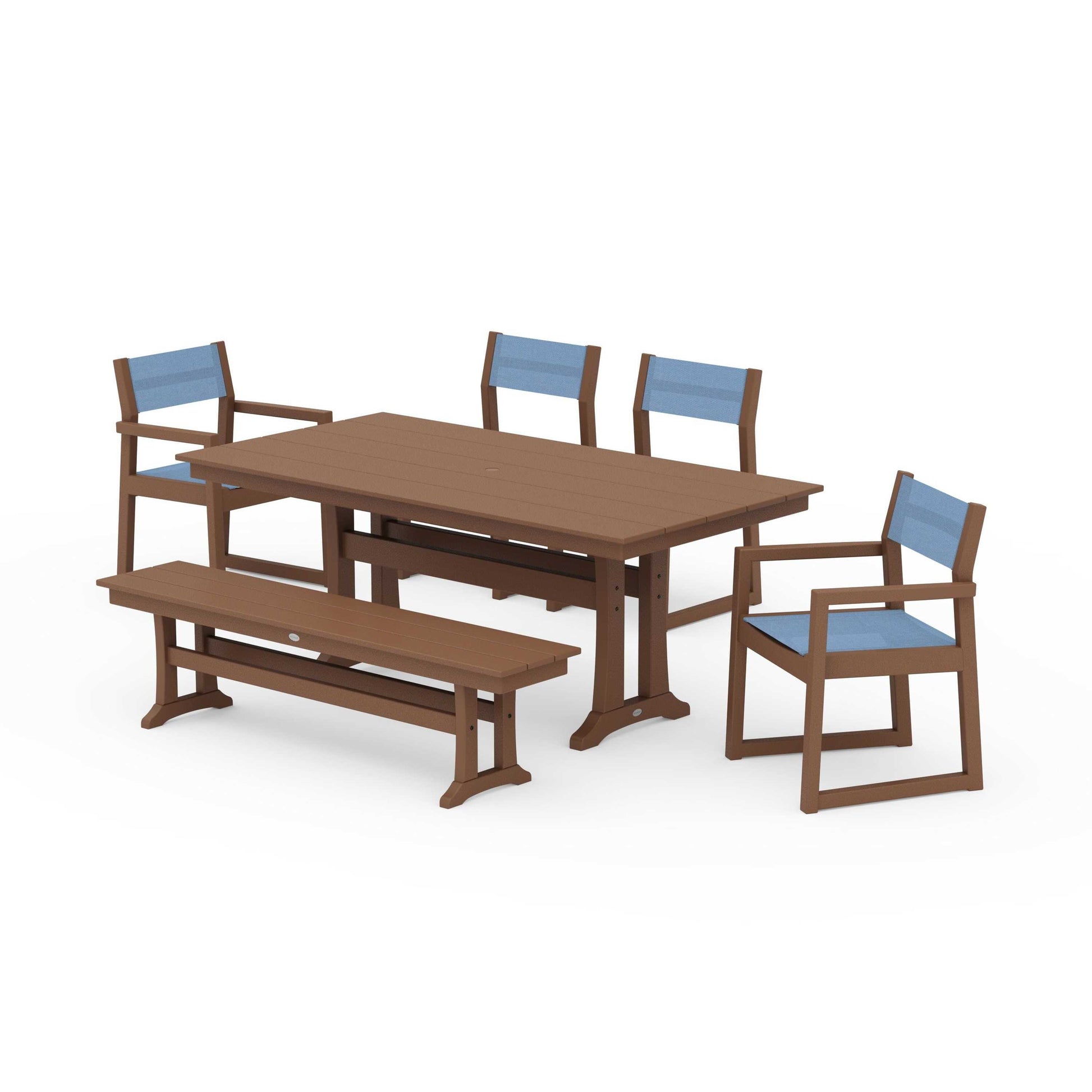 POLYWOOD EDGE Sling 6-Piece Farmhouse Dining Set With Trestle Legs — Teak / Poolside Sling