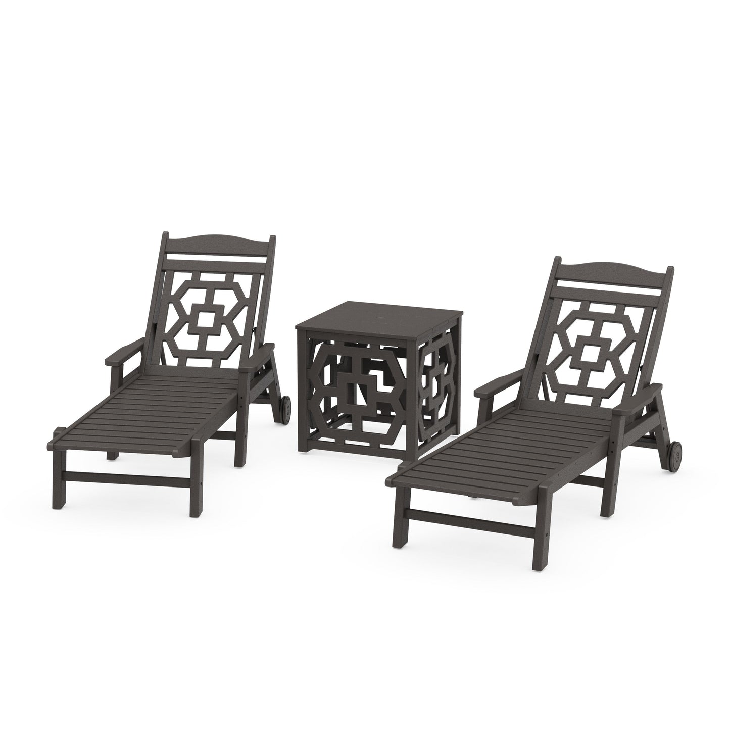 POLYWOOD Chinoiserie 3-Piece Chaise Set with Umbrella Stand Accent Table — Vintage Coffee