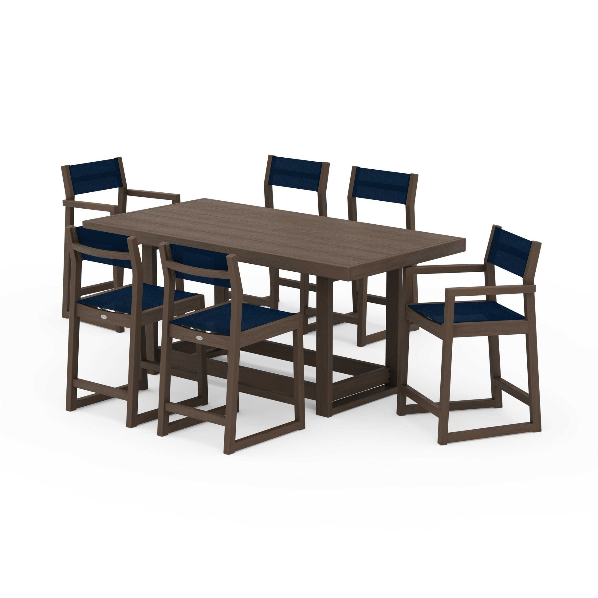 POLYWOOD EDGE Sling 7-Piece Counter Table Set — Kona / Navy Blue Sling