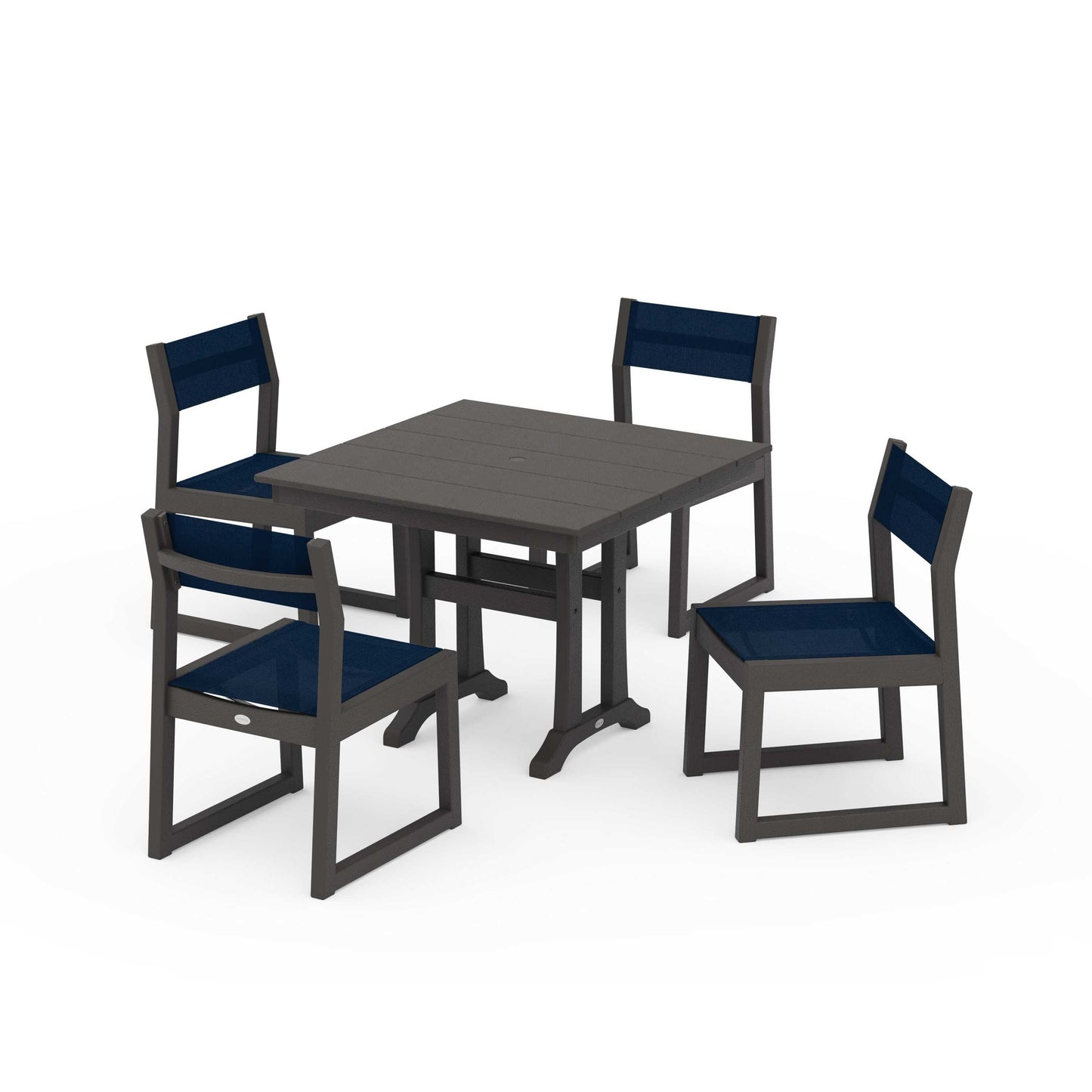 POLYWOOD EDGE Sling 5-Piece Farmhouse Trestle Side Chair Dining Set — Vintage Coffee / Navy Blue Sling