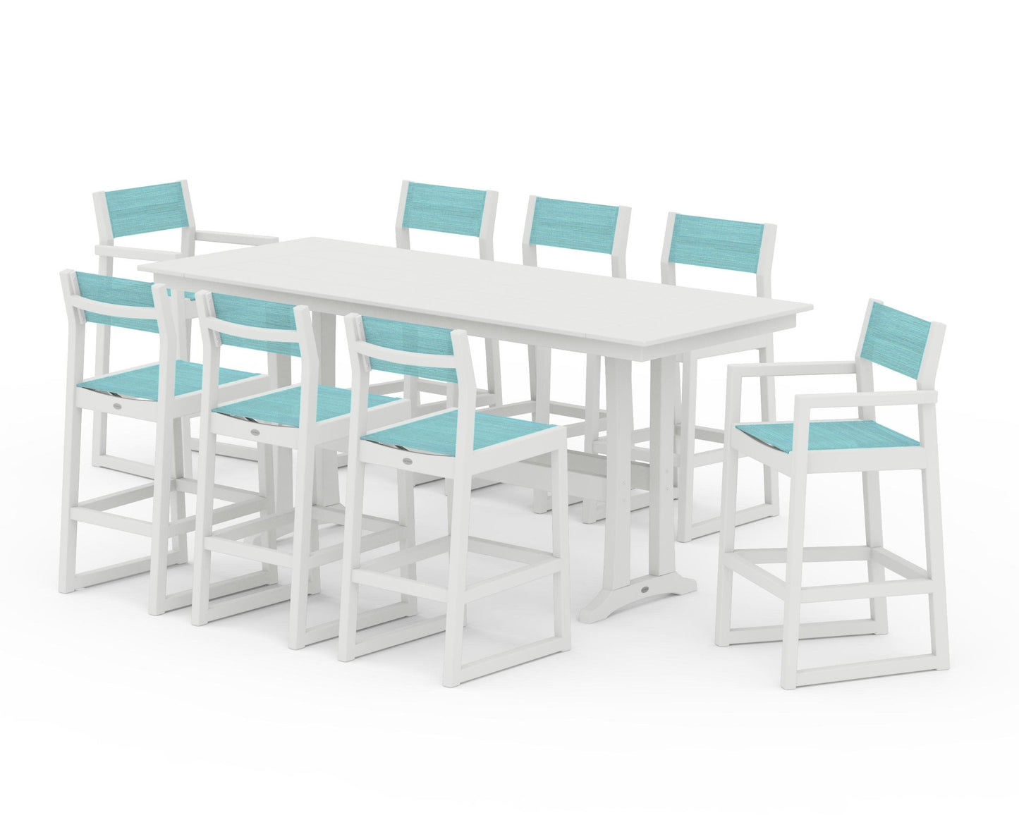 POLYWOOD EDGE Sling 9-Piece Farmhouse Bar Set with Trestle Legs — Vintage White / Dupioni Aquamarine Sling