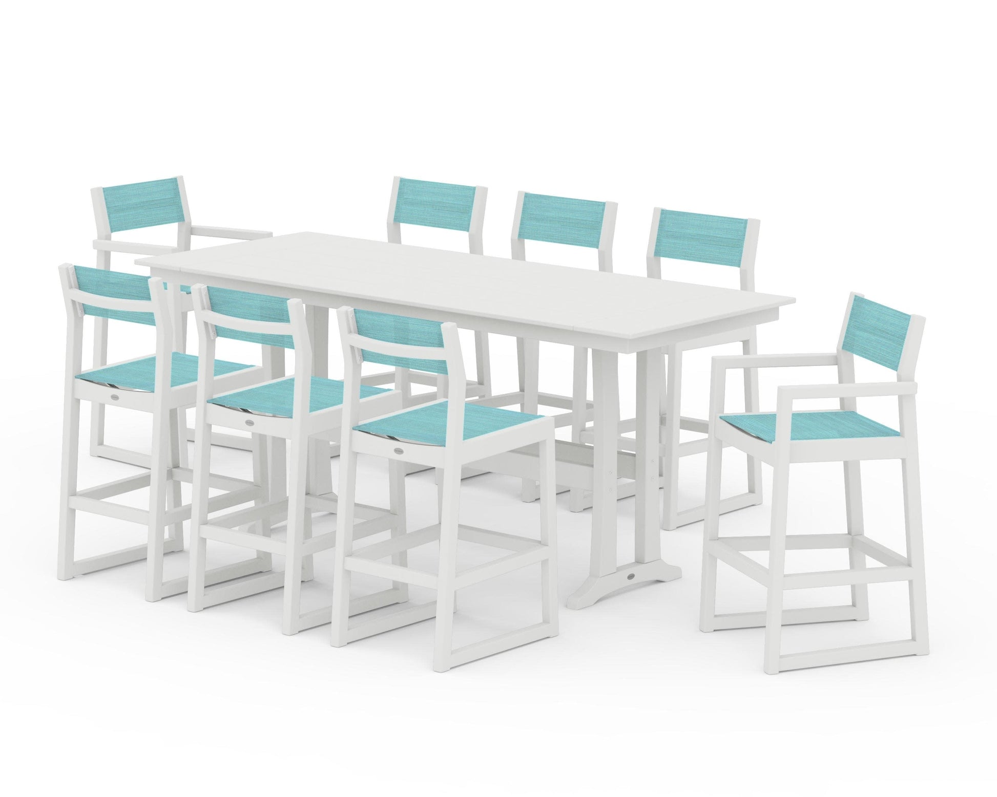 POLYWOOD EDGE Sling 9-Piece Farmhouse Bar Set with Trestle Legs — Vintage White / Dupioni Aquamarine Sling