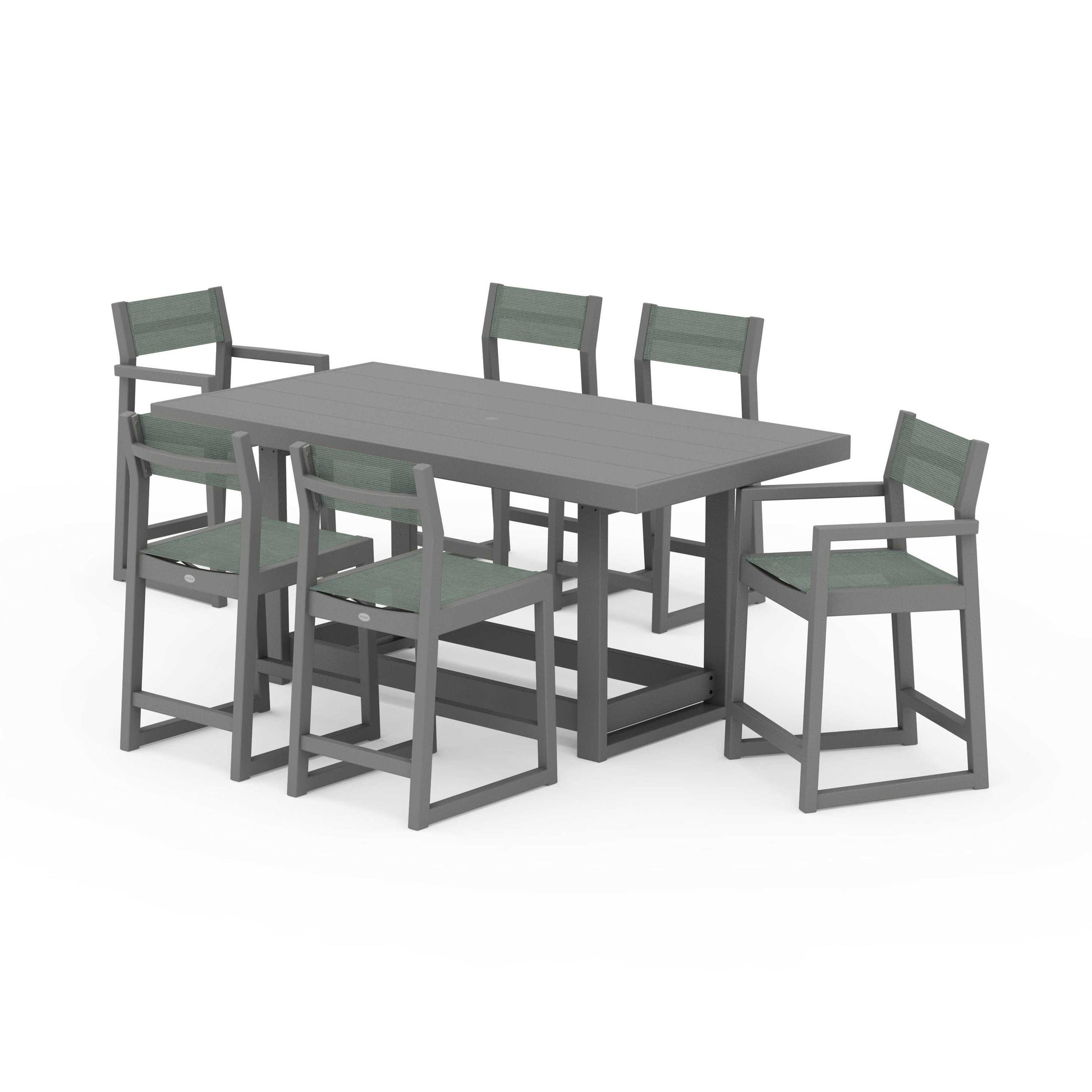 POLYWOOD EDGE Sling 7-Piece Counter Table Set — Slate Grey / Dupioni Sea Mist Sling