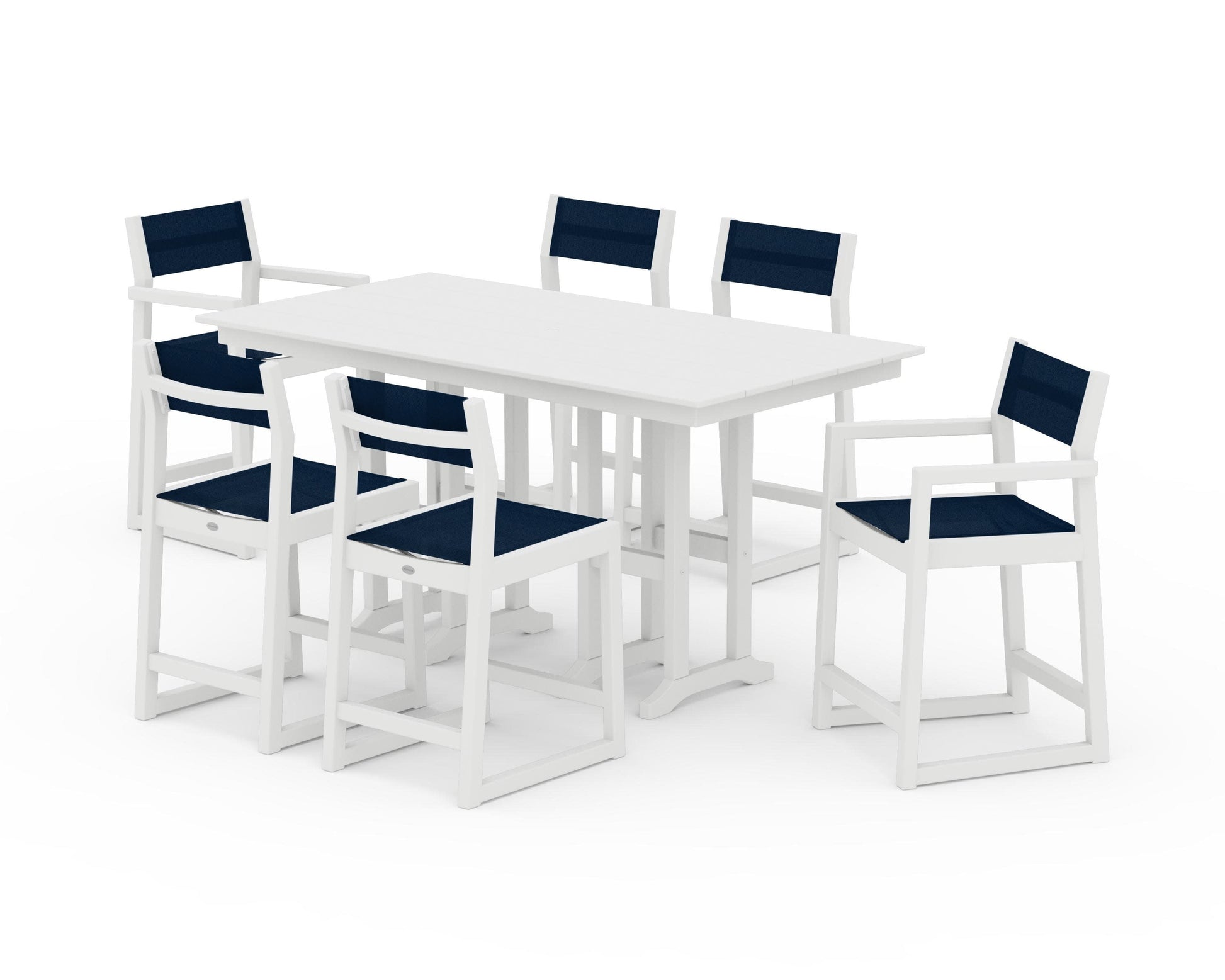 POLYWOOD EDGE Sling 7-Piece Farmhouse Counter Set with Trestle Legs — White / Navy Blue Sling