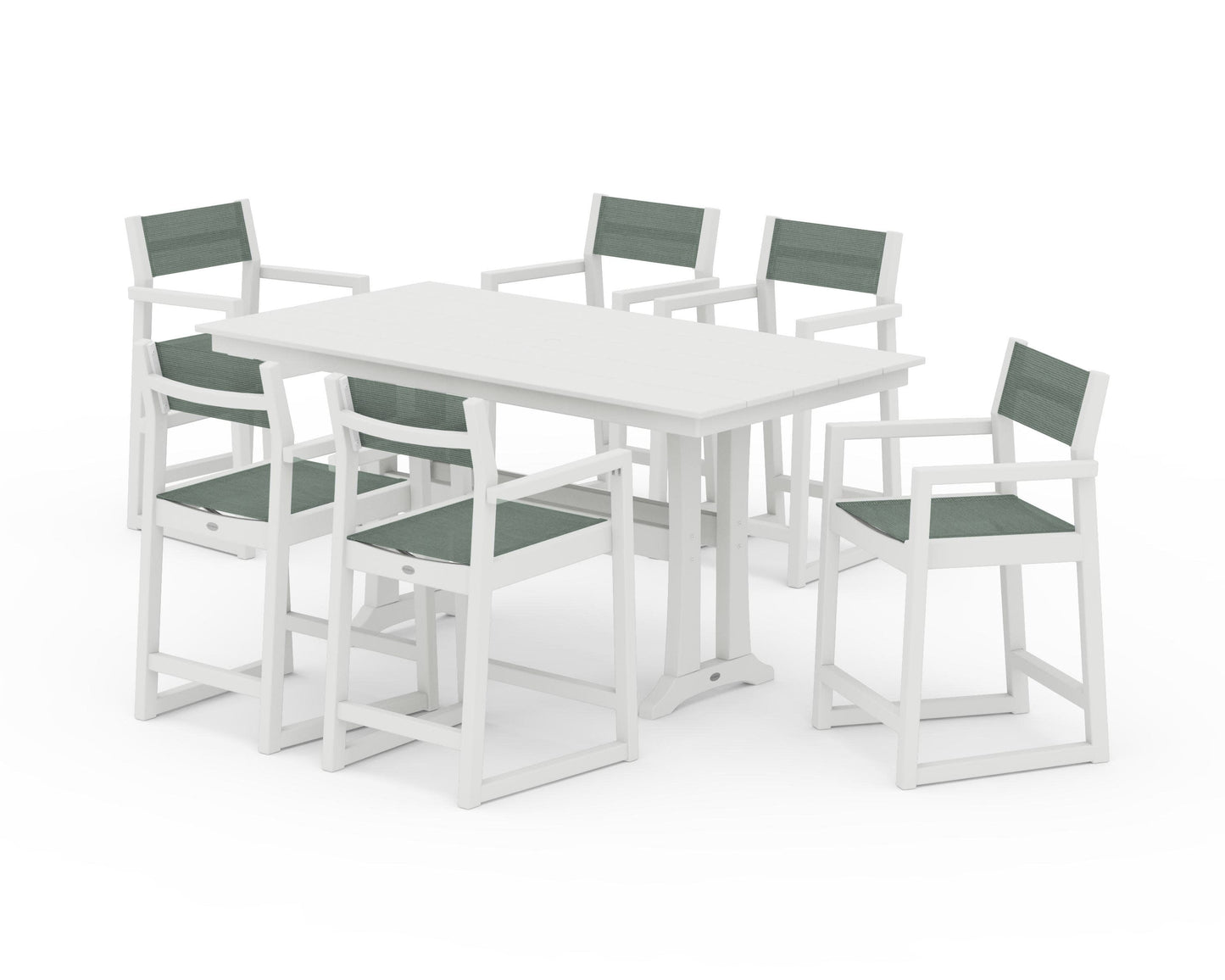 POLYWOOD EDGE Sling Arm Chair 7-Piece Farmhouse Counter Set with Trestle Legs — Vintage White / Dupioni Sea Mist Sling