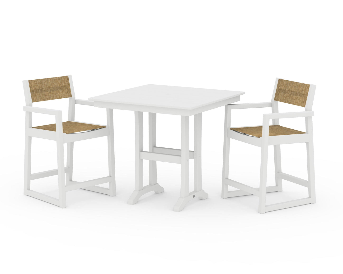 POLYWOOD EDGE Sling Arm Chair 3-Piece Farmhouse Counter Set with Trestle Legs — White / Burlap Sling