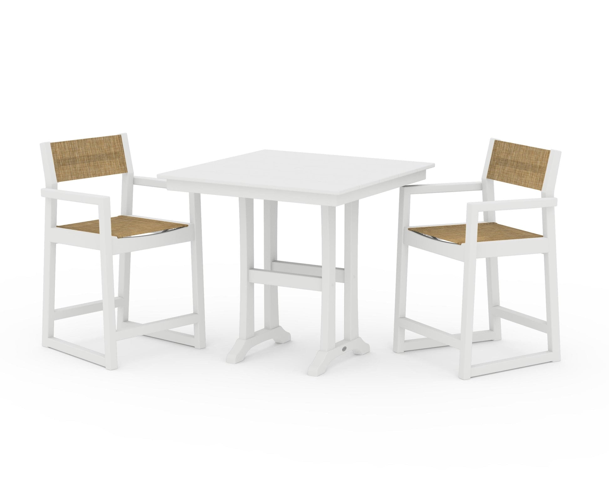POLYWOOD EDGE Sling Arm Chair 3-Piece Farmhouse Counter Set with Trestle Legs — White / Burlap Sling