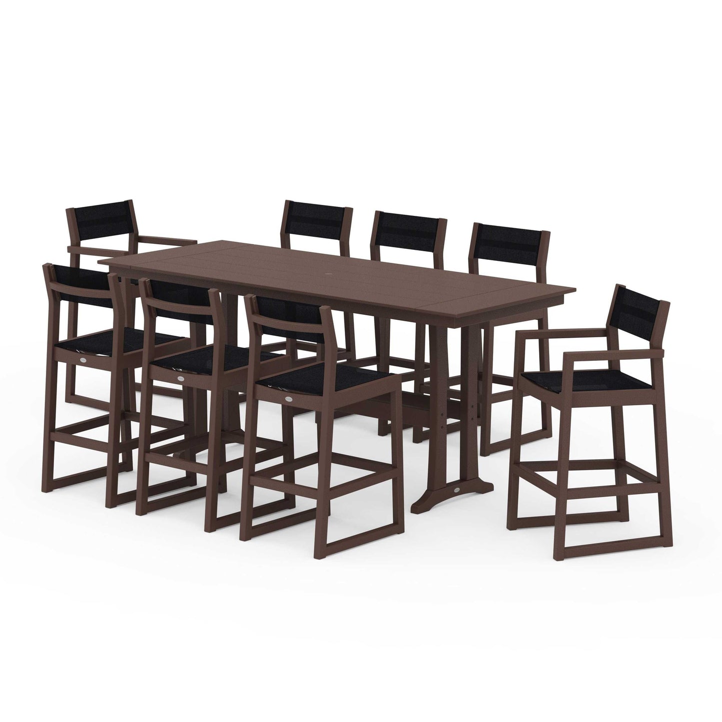 POLYWOOD EDGE Sling 9-Piece Farmhouse Bar Set with Trestle Legs — Mahogany / Black Sling