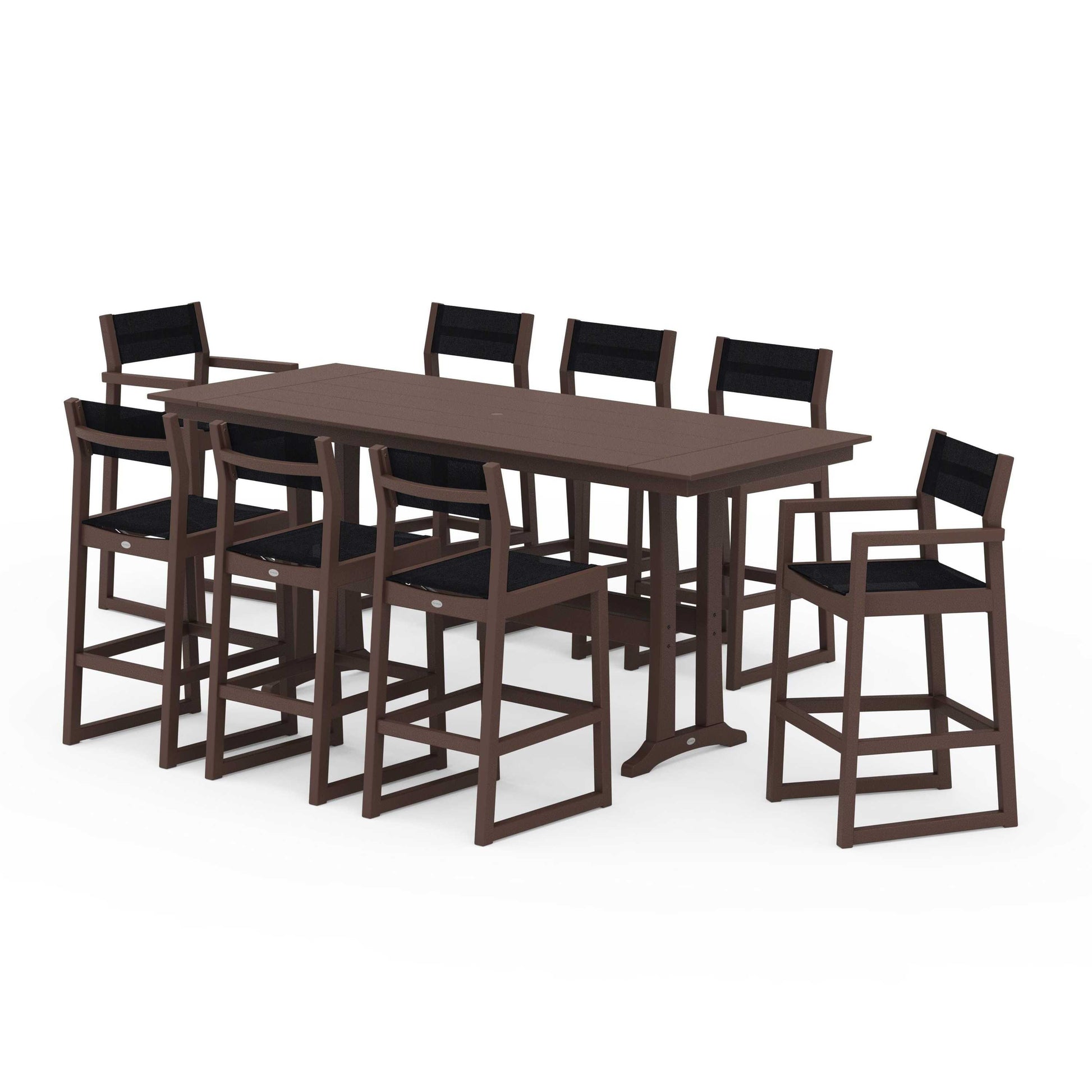 POLYWOOD EDGE Sling 9-Piece Farmhouse Bar Set with Trestle Legs — Mahogany / Black Sling