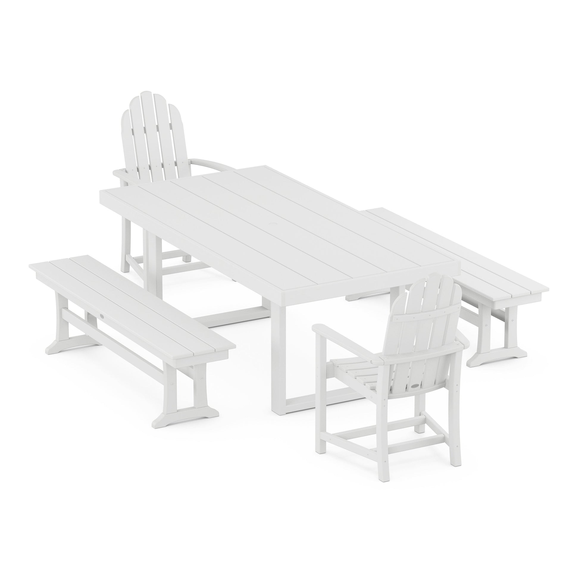 POLYWOOD Classic Adirondack 5-Piece Dining Set with Benches — White