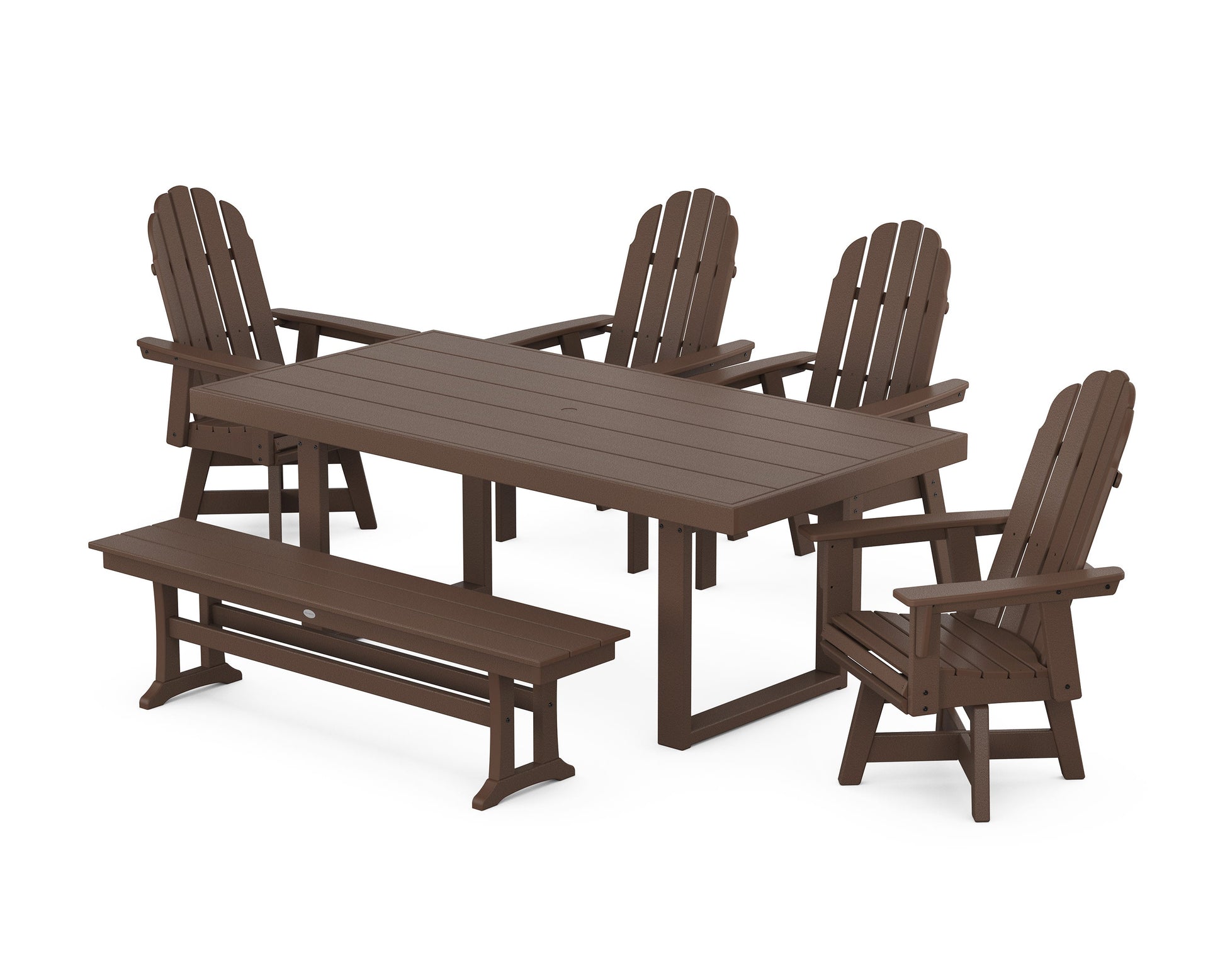 POLYWOOD Vineyard Curveback Adirondack Swivel Chair 6-Piece Dining Set with Bench — Mahogany