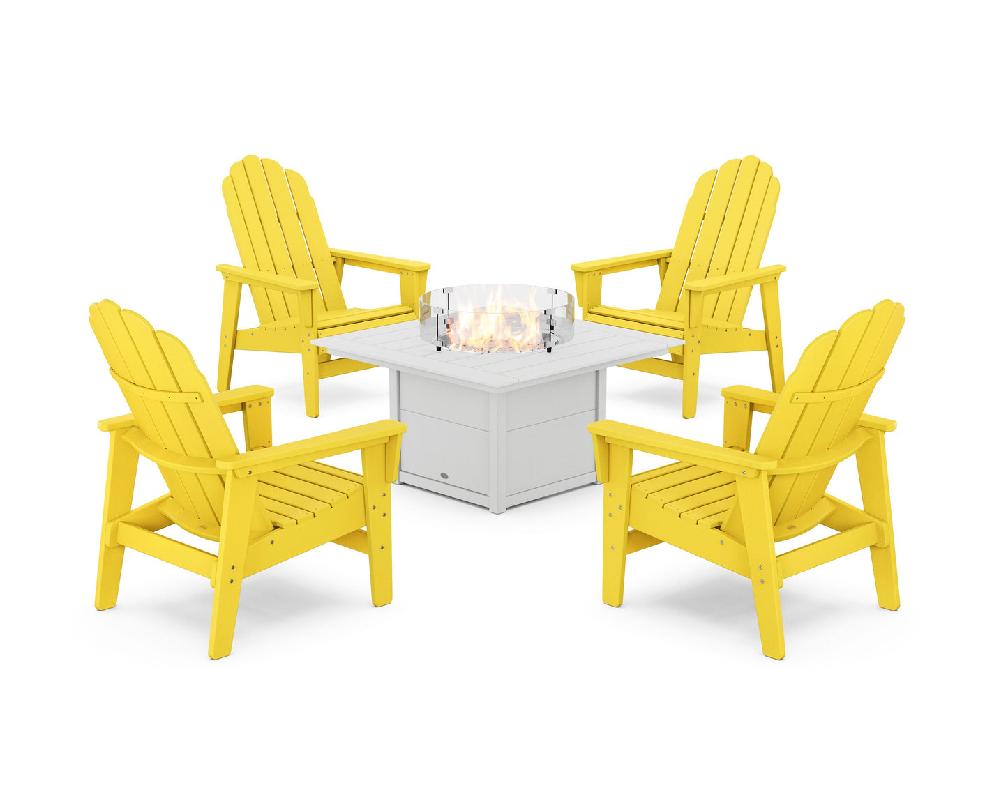 POLYWOOD 5-Piece Vineyard Grand Upright Adirondack Conversation Set with Fire Pit Table — Lemon / White
