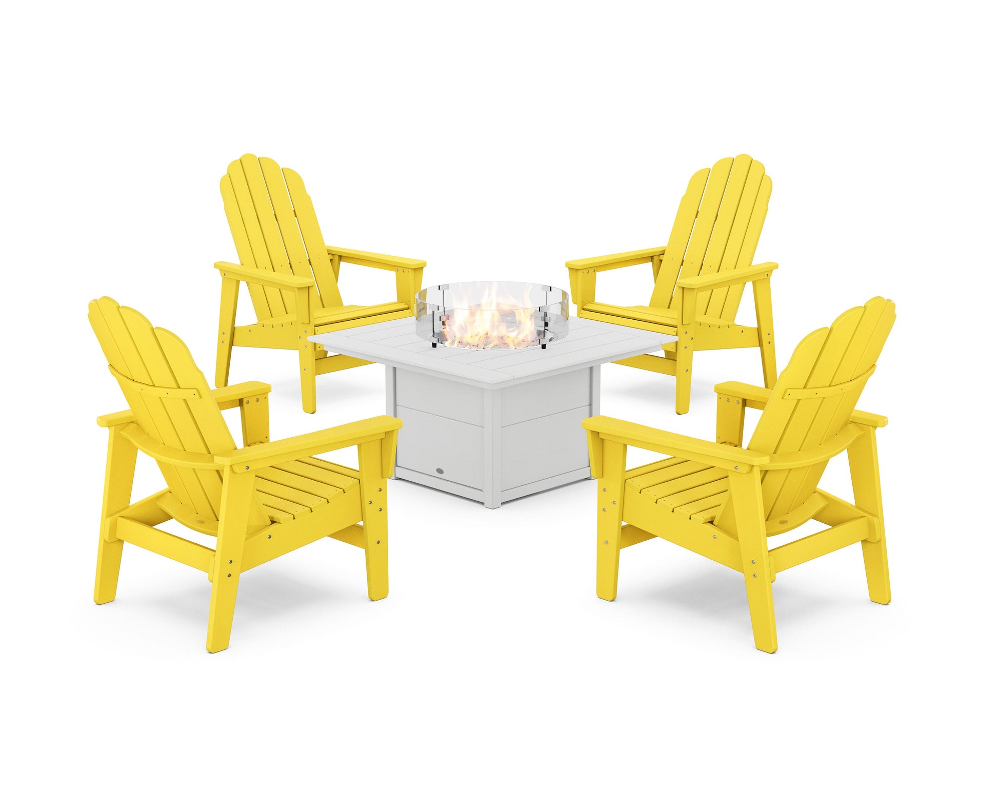 POLYWOOD 5-Piece Vineyard Grand Upright Adirondack Conversation Set with Fire Pit Table — Lemon / White