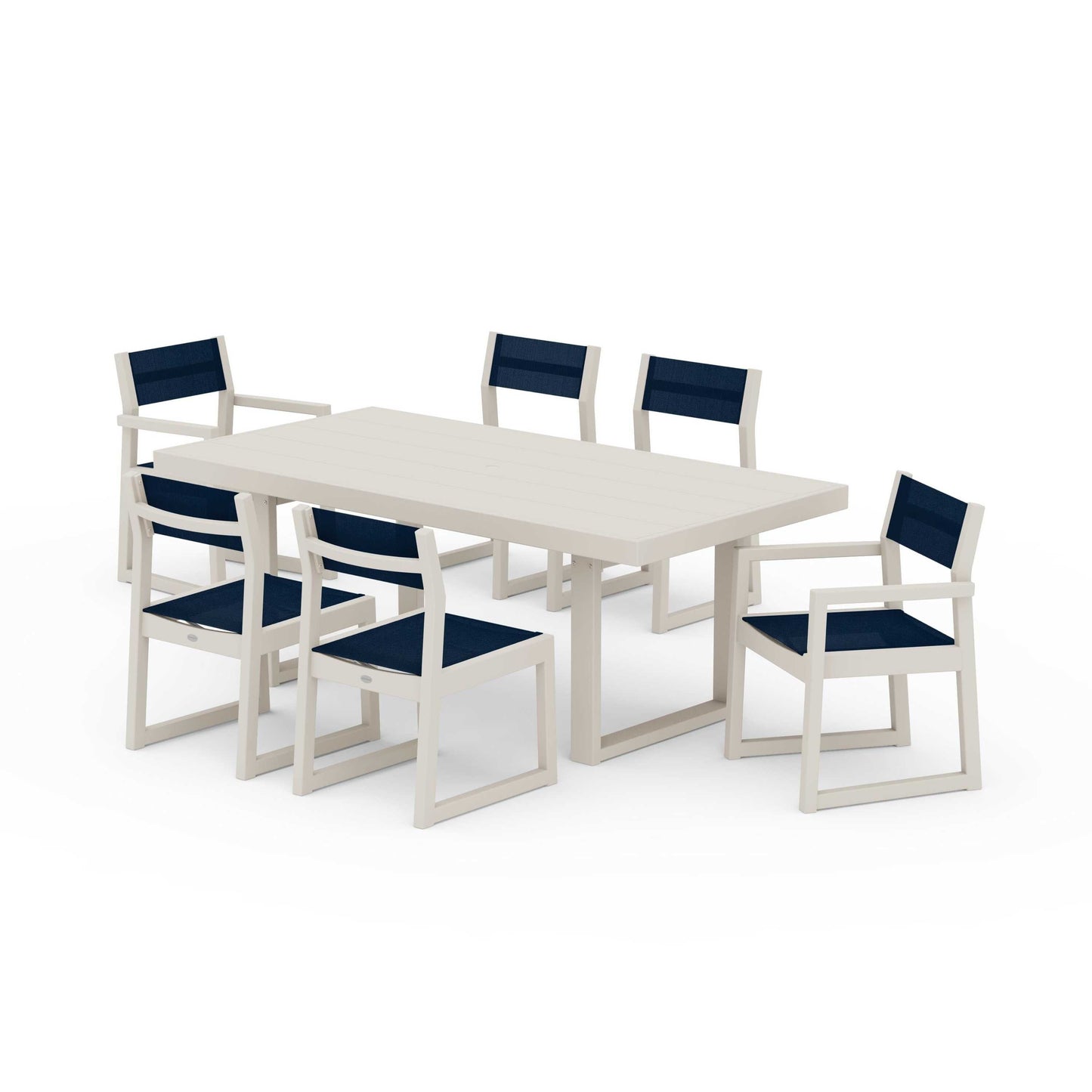 POLYWOOD EDGE Sling 7-Piece Dining Set — Sand / Navy Blue Sling