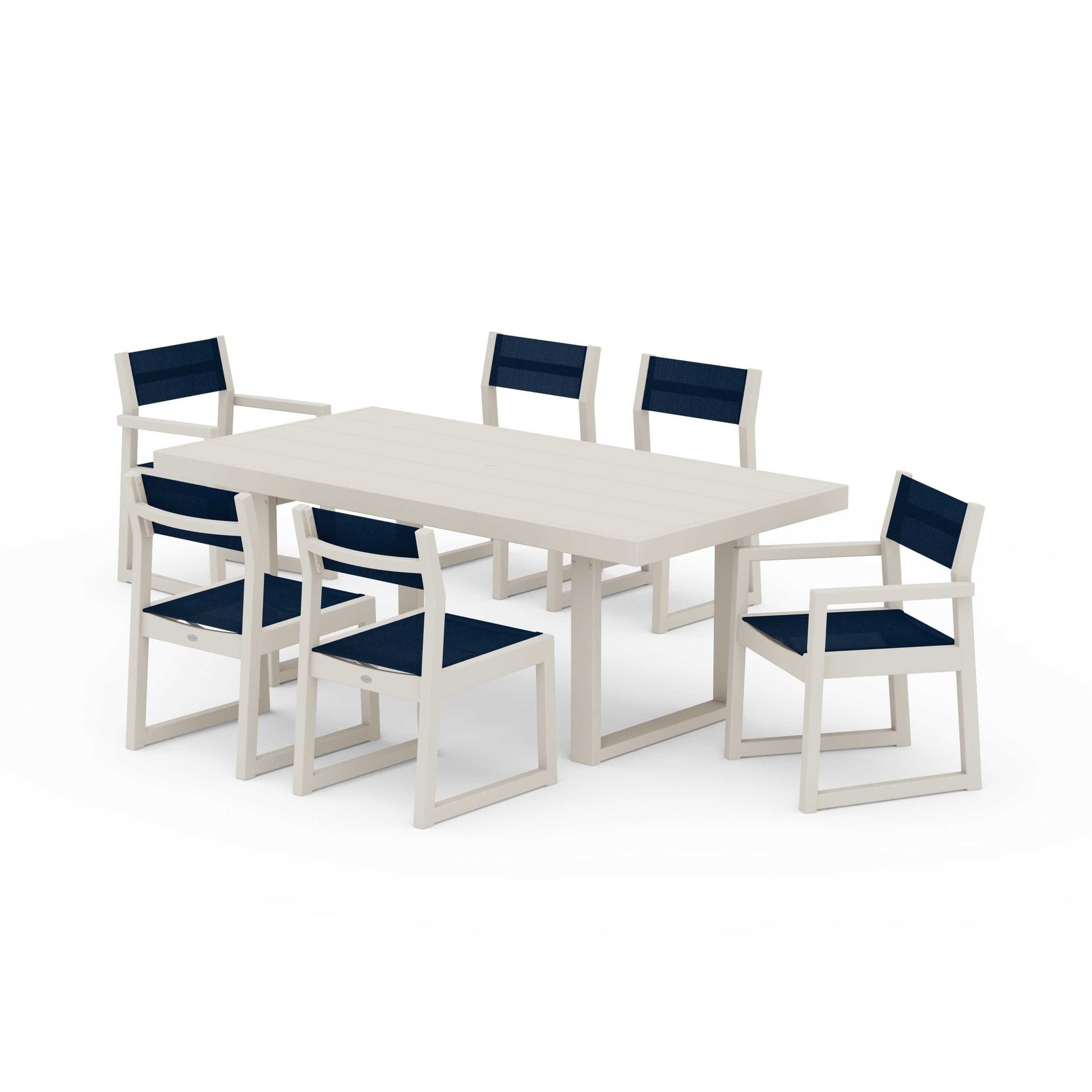 POLYWOOD EDGE Sling 7-Piece Dining Set — Sand / Navy Blue Sling