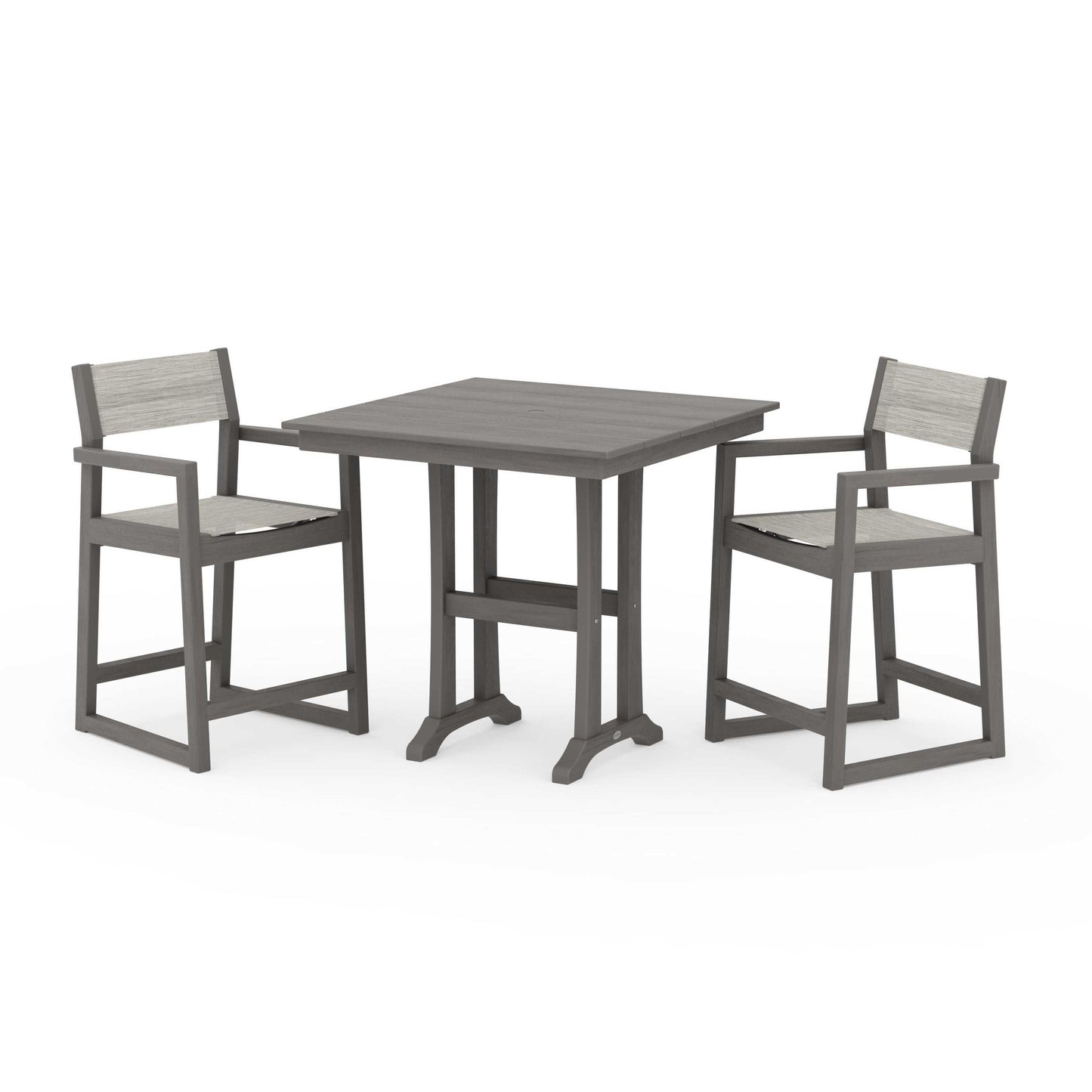 POLYWOOD EDGE Sling Arm Chair 3-Piece Farmhouse Counter Set with Trestle Legs — Driftwood / Birch Sling