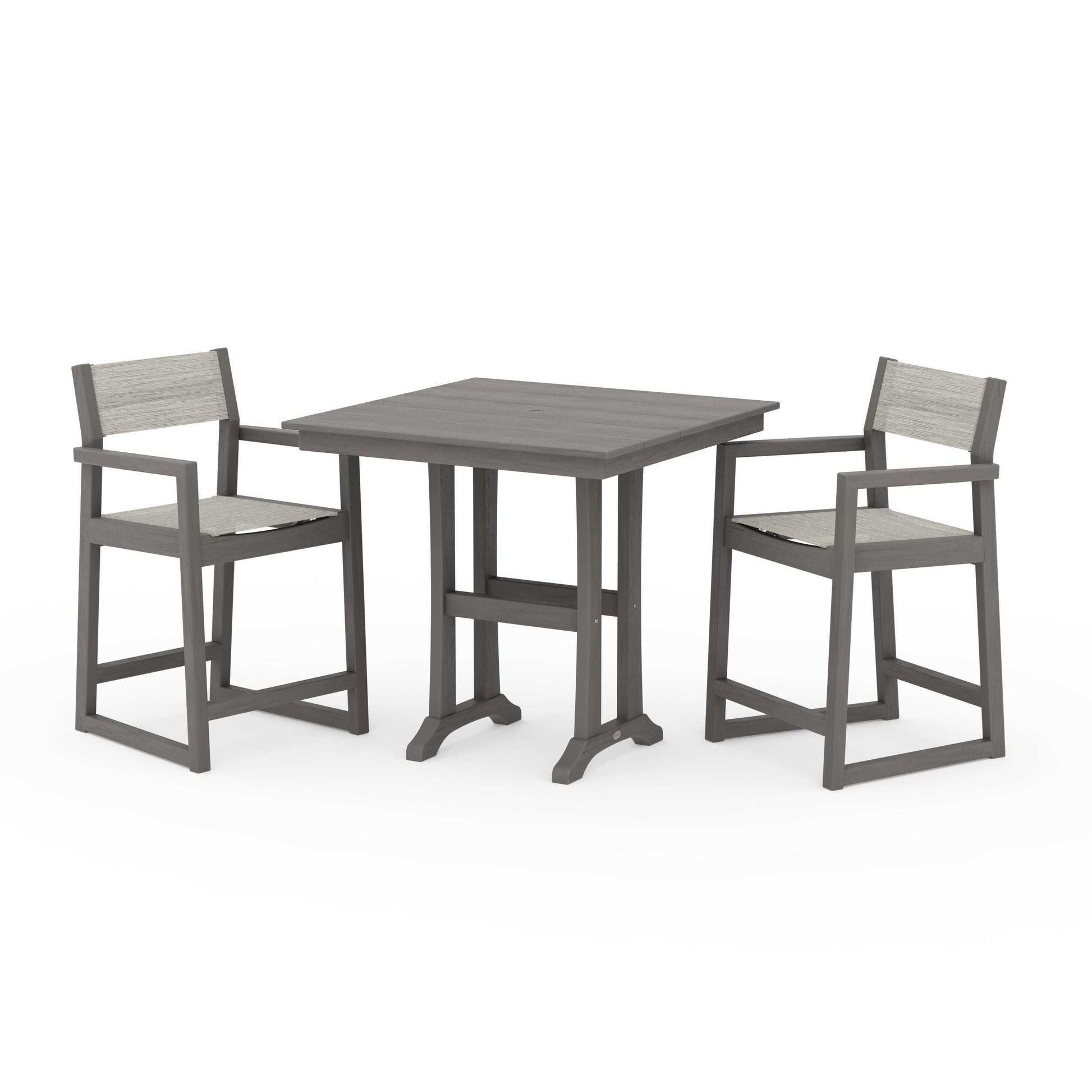 POLYWOOD EDGE Sling Arm Chair 3-Piece Farmhouse Counter Set with Trestle Legs — Driftwood / Birch Sling