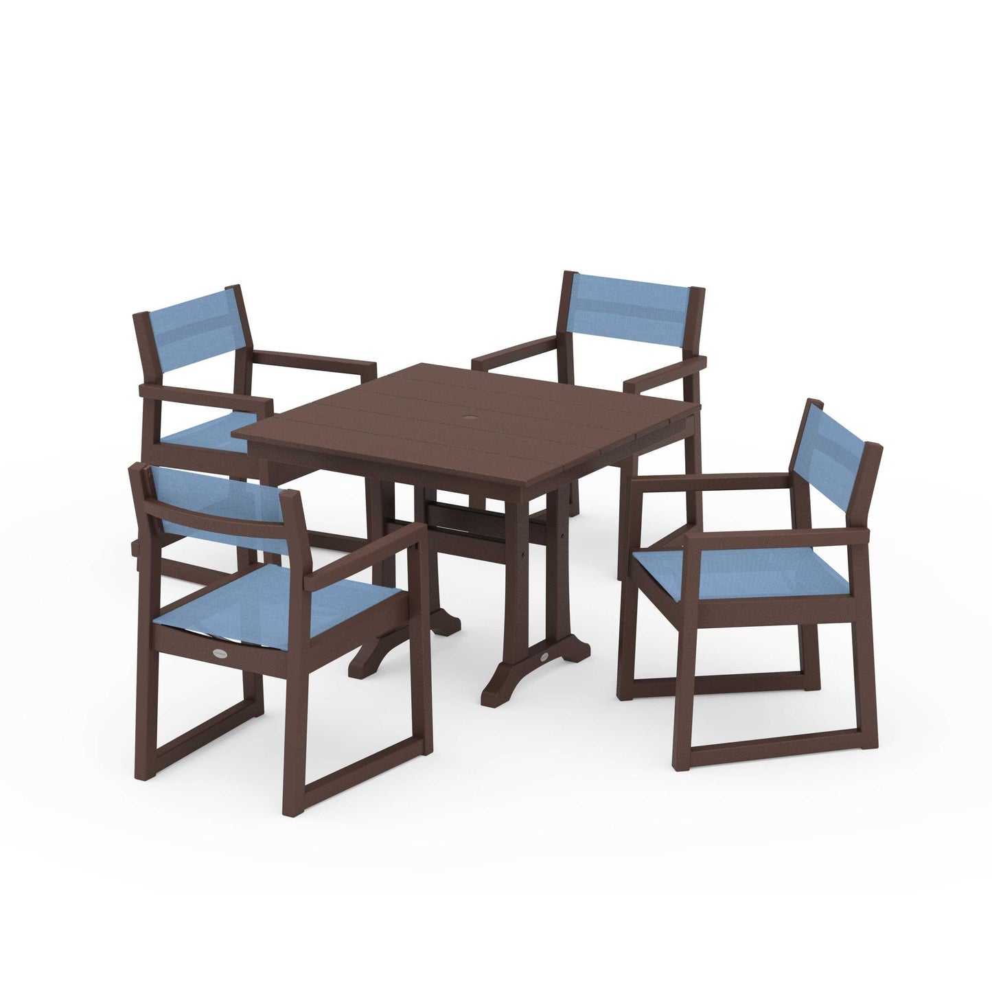 POLYWOOD EDGE Sling 5-Piece Farmhouse Dining Set with Trestle Legs — Mahogany / Poolside Sling