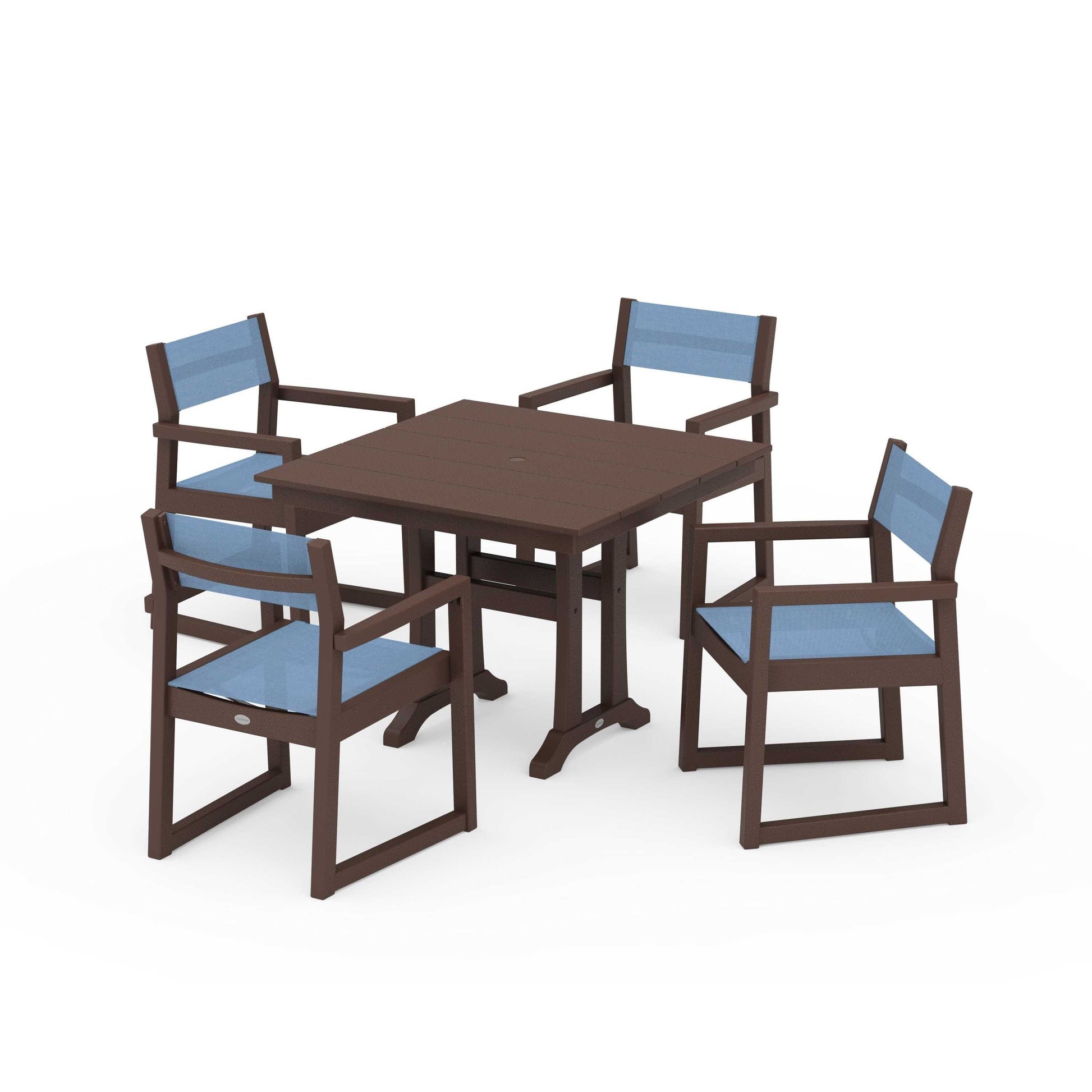 POLYWOOD EDGE Sling 5-Piece Farmhouse Dining Set with Trestle Legs — Mahogany / Poolside Sling