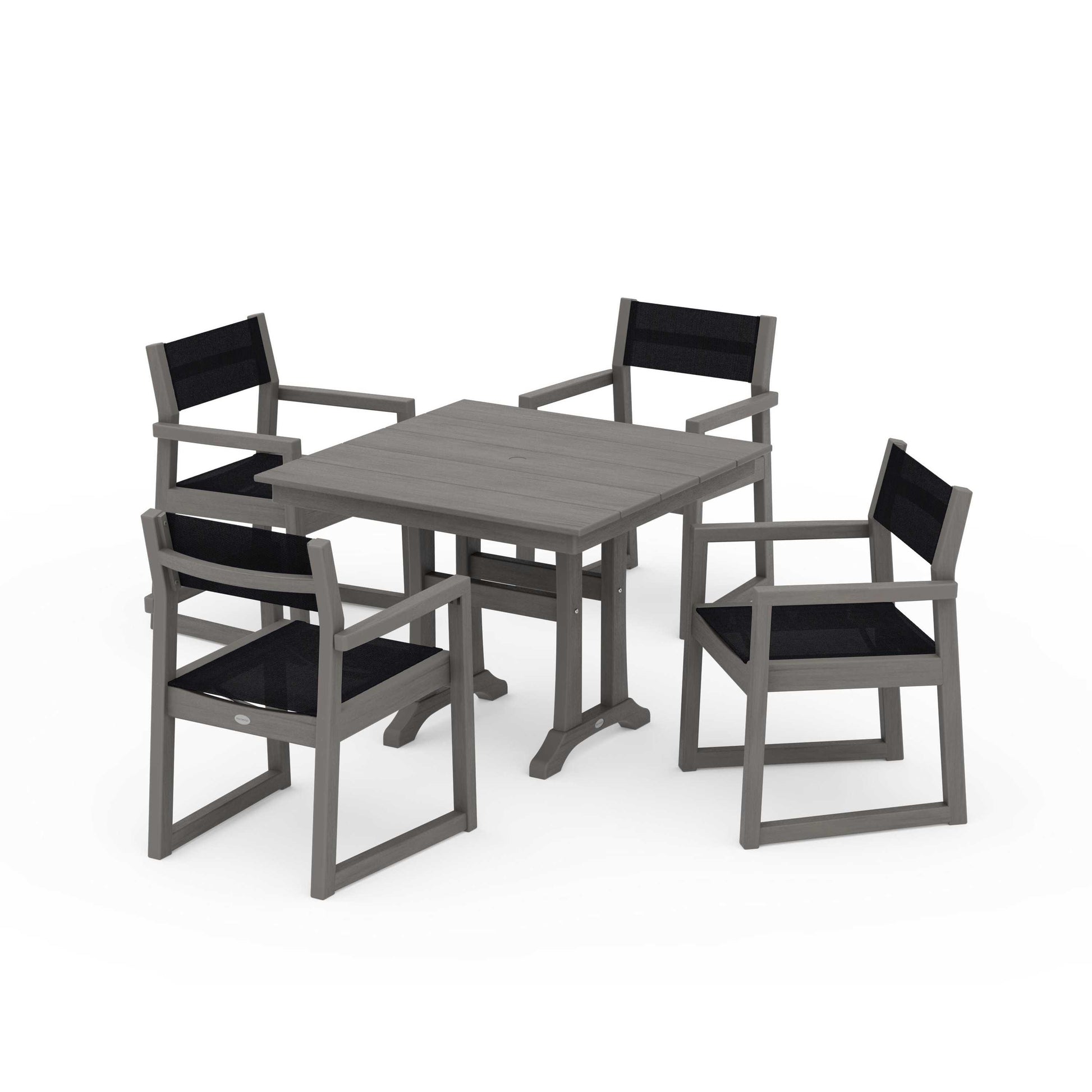POLYWOOD EDGE Sling 5-Piece Farmhouse Dining Set with Trestle Legs — Driftwood / Black Sling