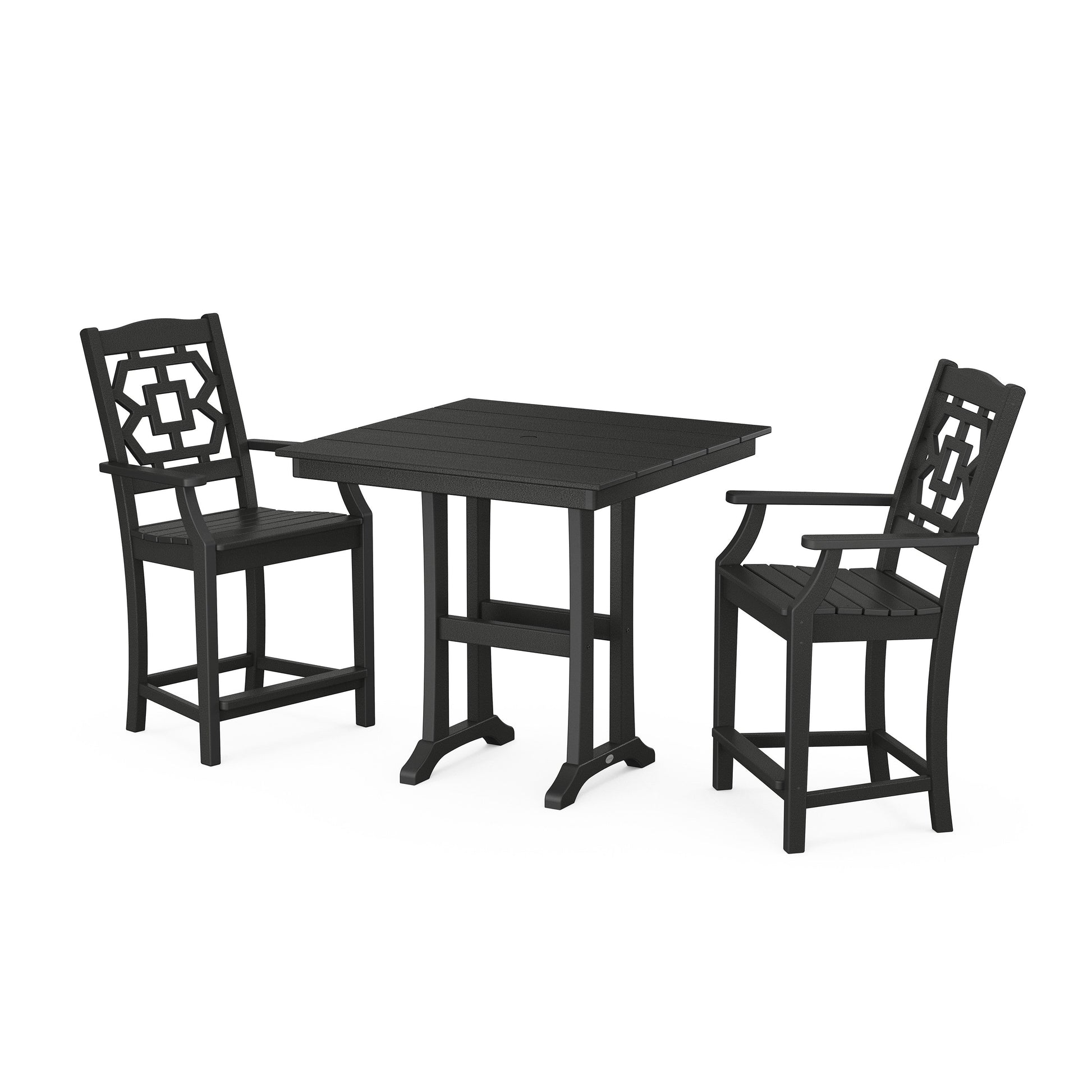 POLYWOOD Chinoiserie 3-Piece Farmhouse Counter Set with Trestle Legs — Black